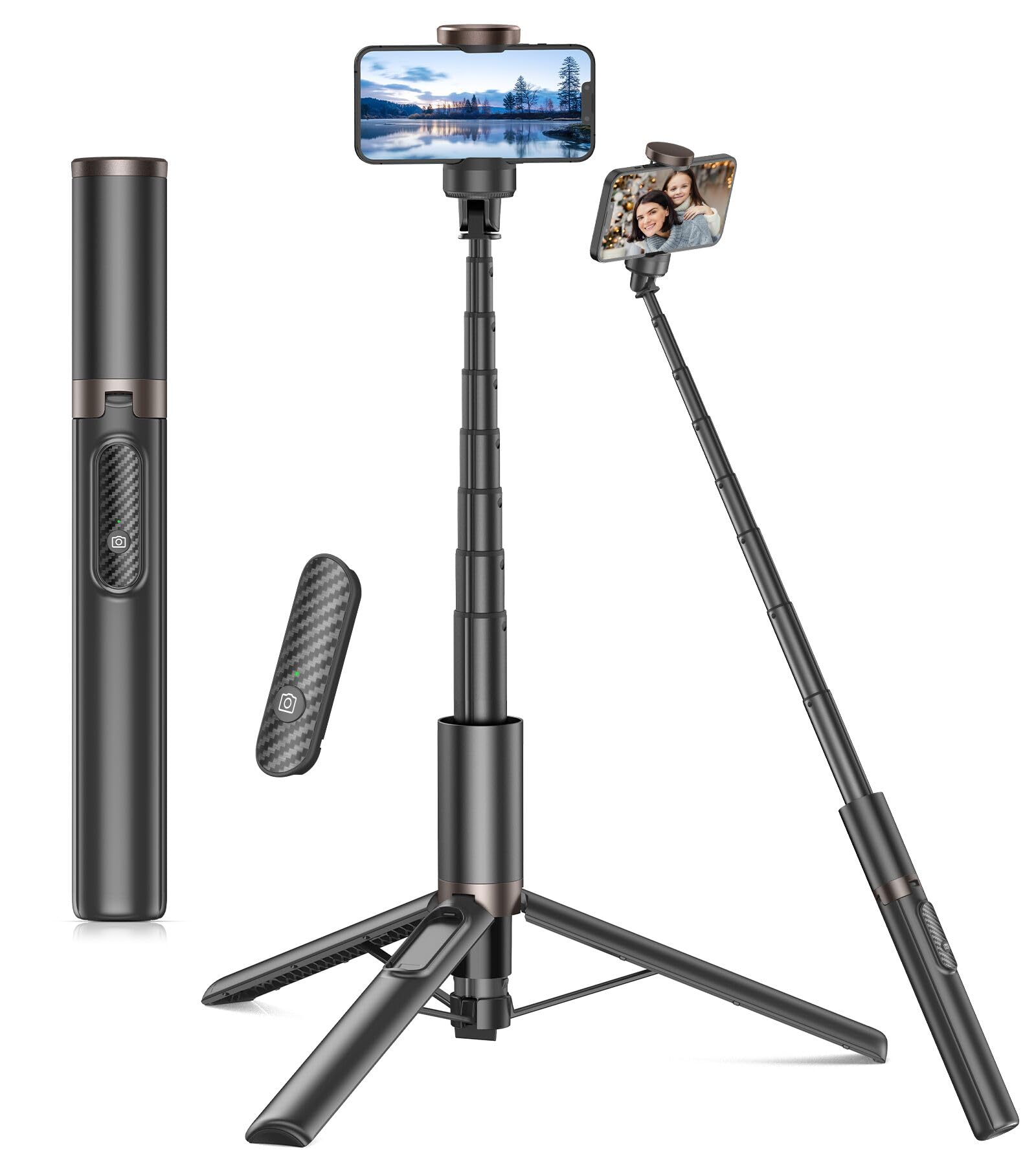 Toneof 60" Selfie Stick Tripod For Video,All-In-1 Extendable Cell Phone Tripod Stand With Integrated Remote,360° Rotate Lightweight & Portable Tripod For 4-7” Iphone/Android/Photo & Video Kits/Travel