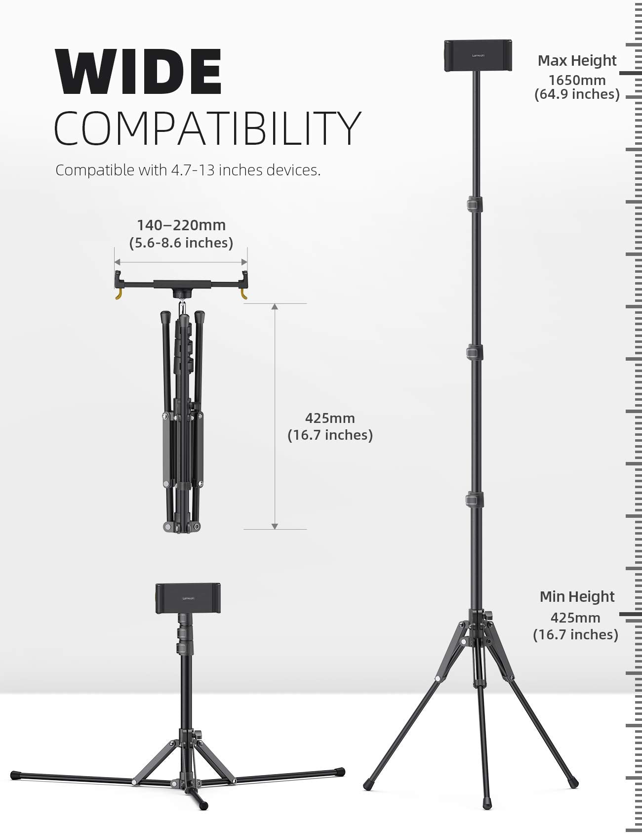 Lamicall Tablet Floor Tripod Stand - 64.9" Tablet Holder Mount With Adjustable Height For Stream/Watching With Bluetooth Remote, For Ipad Pro 12.9, Mini, Air, Iphone And 4.7-13" Tablet And Cellphone