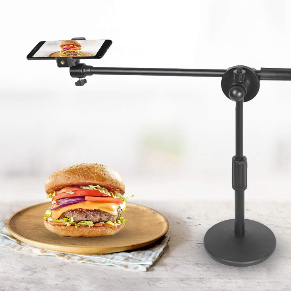 Hilitand Phone Photography Video Bracket Stand,360° Rotate Foldable Arm Overhead Low Angle Photo Shooting Live Recording Desktop Mount Stick Holder Extension Rod Pole,With 5.3-10Cm Phone