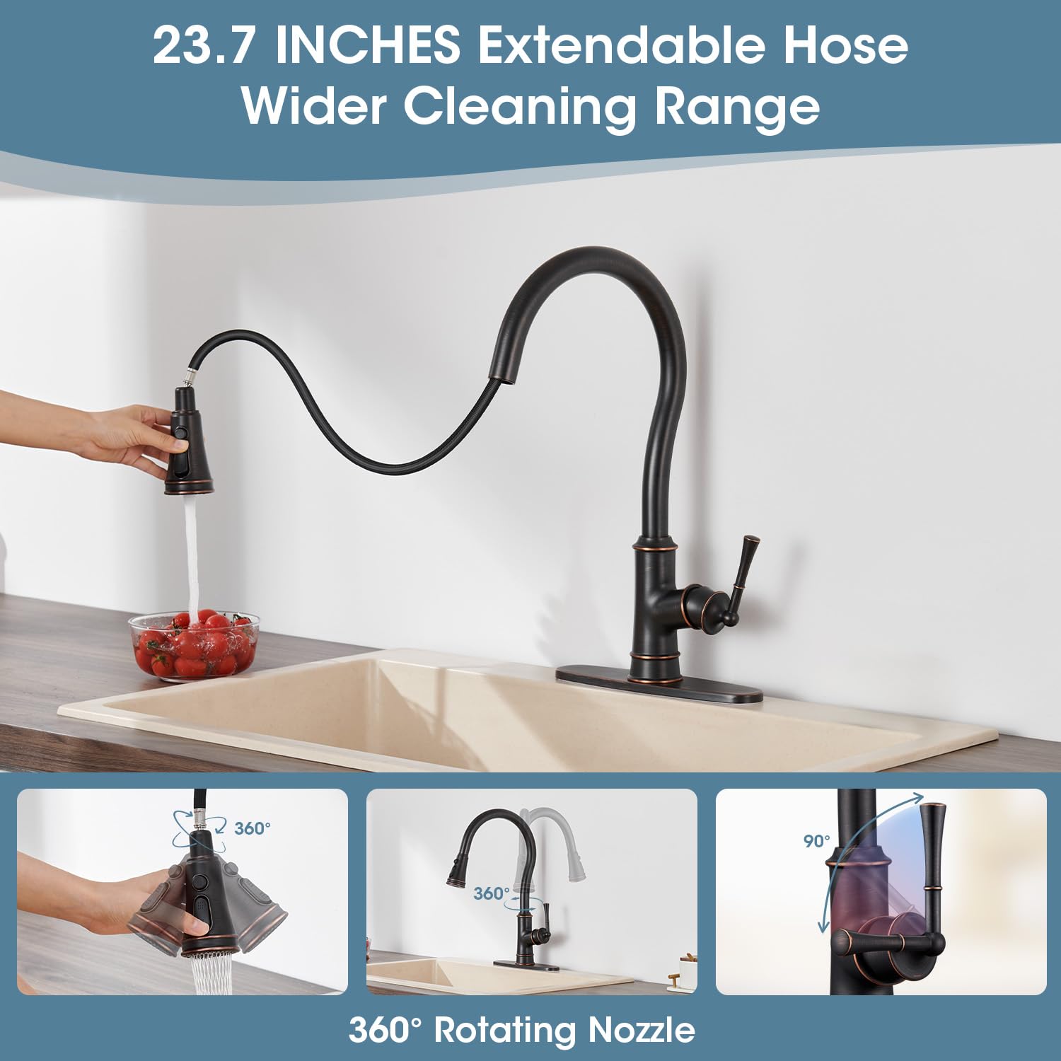 Winkear Kitchen Faucets With Pull Down Sprayer, Oil Rubber Brown Kitchen Sink Faucet Brass High Arc Single Handle Single Hole Kitchen Faucet Vintage With Deck Plate For Farmhouse Camper Laundry Rv Bar