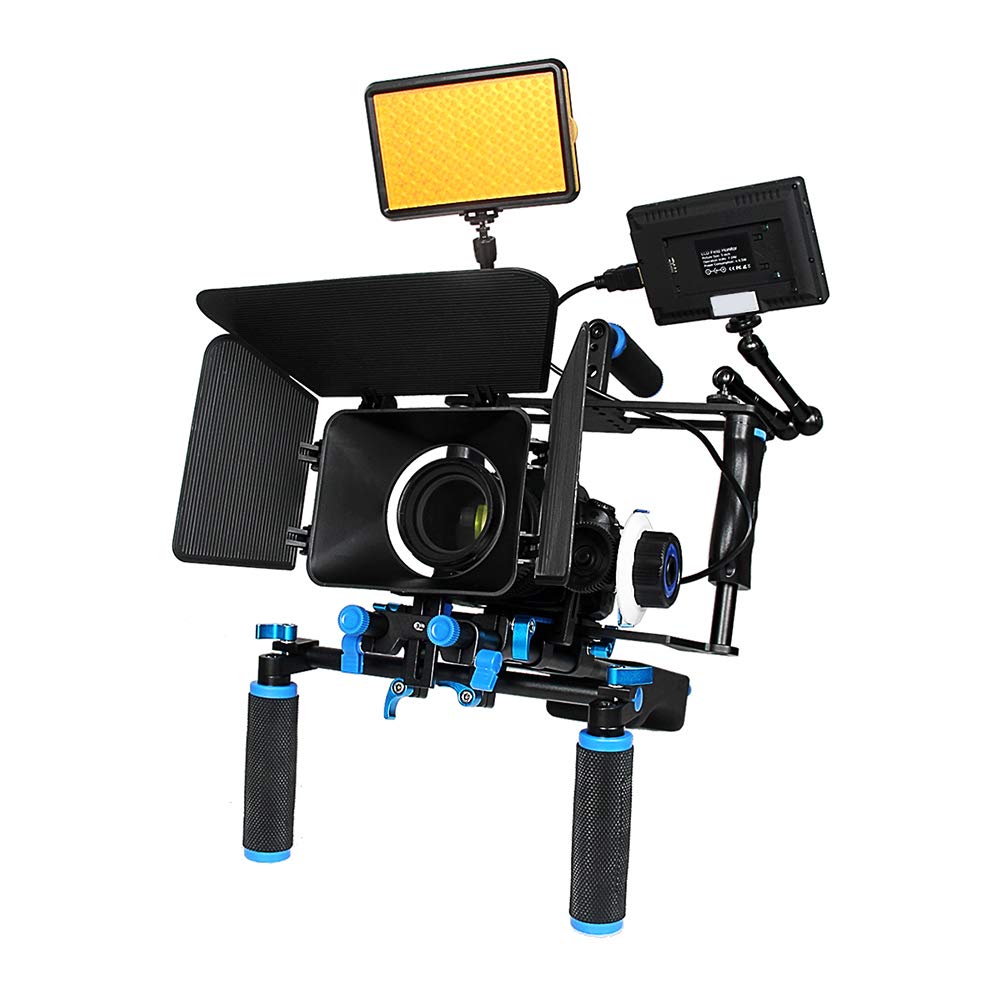 Fydun Shoulder Rig Stabilizer Kit, Aluminum Alloy Camera Stabilizer Cage With Top Handle Follow Focus Rods Shoulder Rig 1/4 3/8 Screw