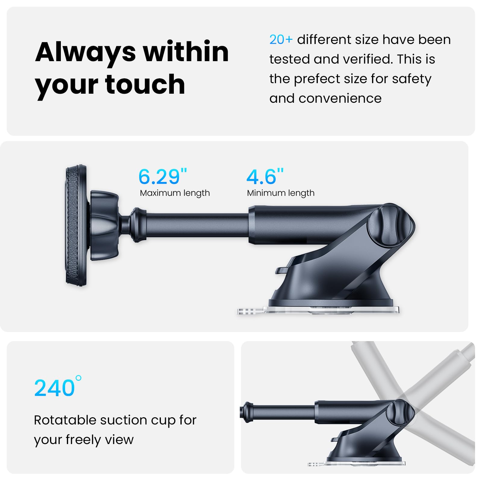 Apps2Car Magnetic Phone Mount For Car – Industrial Suction Cup Dashboard & Windshield Holder With Telescopic Arm, 6 Strong Magnets – Universal Fit For Iphone & Android (Metal Plate Required)