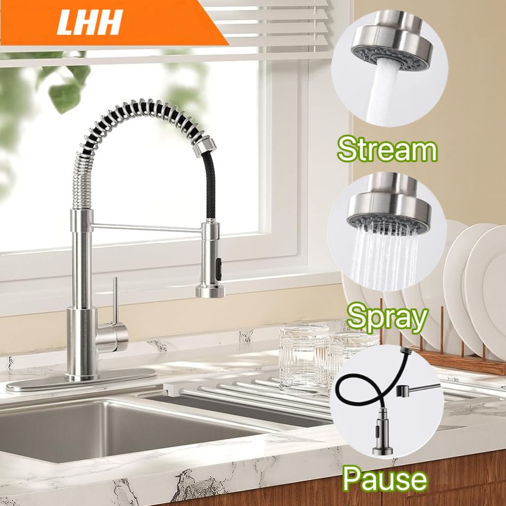 Lhh Kitchen Faucet With Pull Down Sprayer Stainless Steel Kitchen Faucets With Deck Suitable For Bar Laundry Utility Rv Farmhouse High Arc Single Handle Kitchen Sink Faucet. (Brushed Nickel)