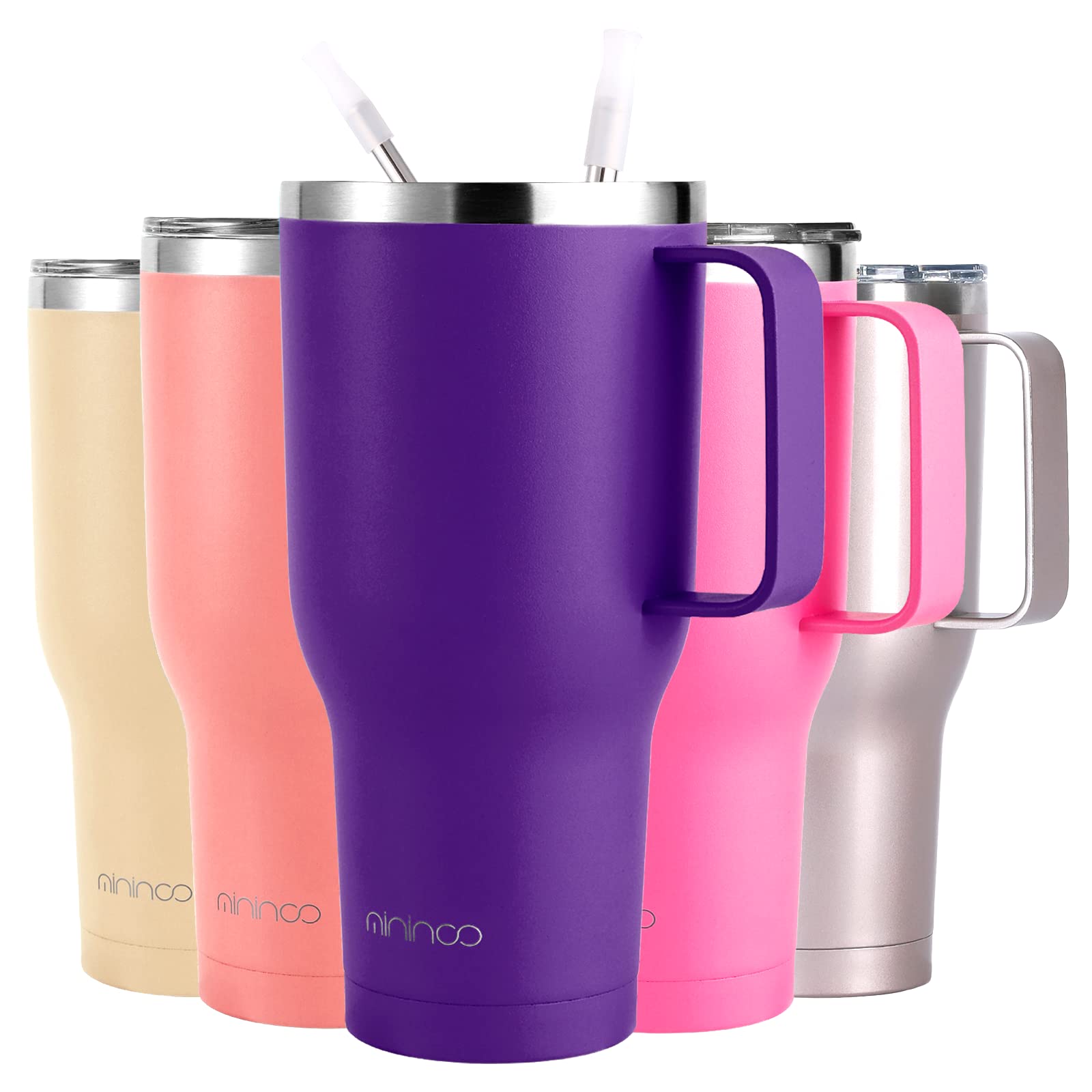 Mininoo 40 Oz Purple Tumbler With Handle And Straw, Cup Holder Friendly Insulated Stainless Steel