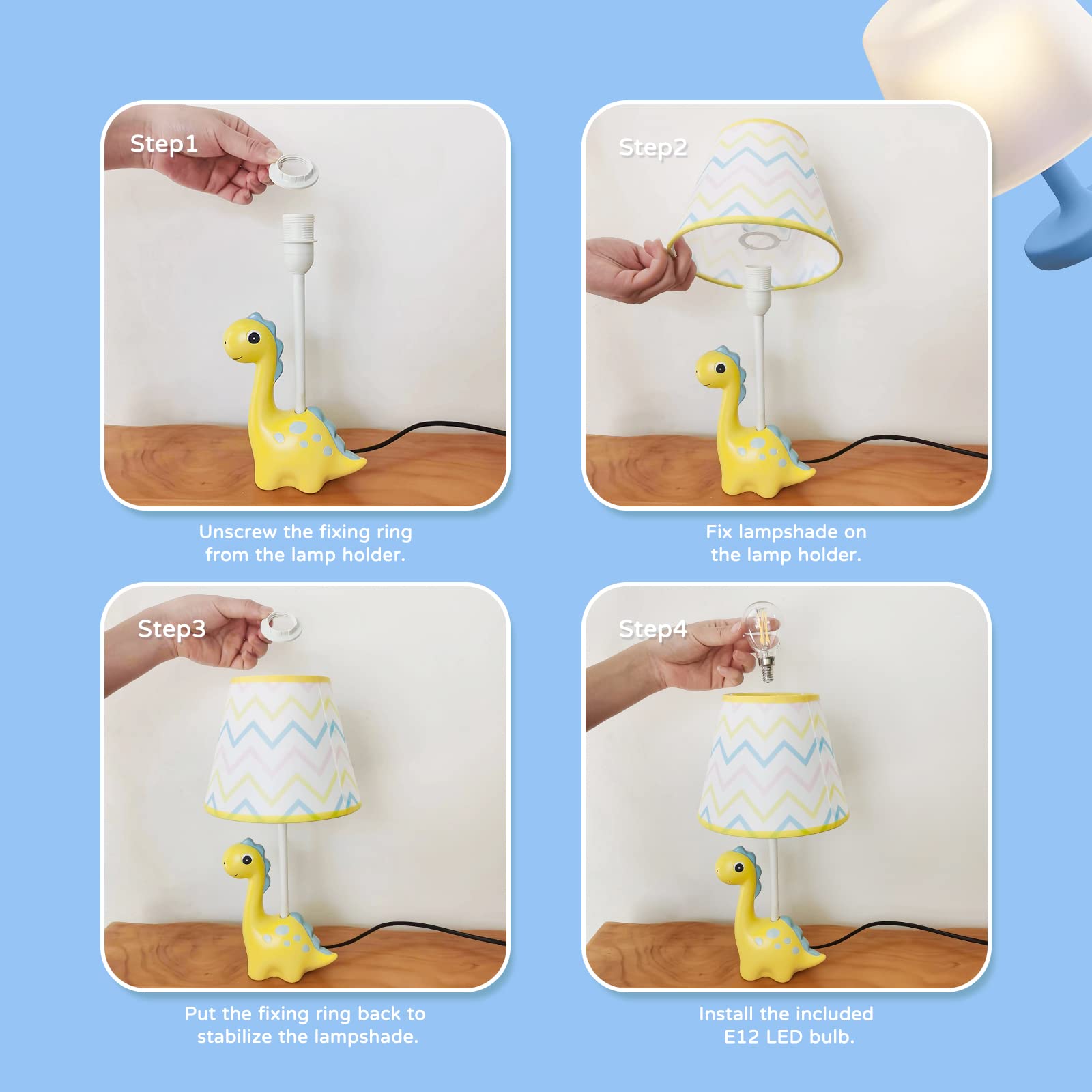 Herbestbay Kids Table Lamp, Thunder Dinosaur Lamp Design Bedside Table Lamp, 13 Inch Tall Desk Lamp With Barrel Lampshade For Kids Bedroom Décor, Come With An Led Bulb (Yellow Dinosaur)