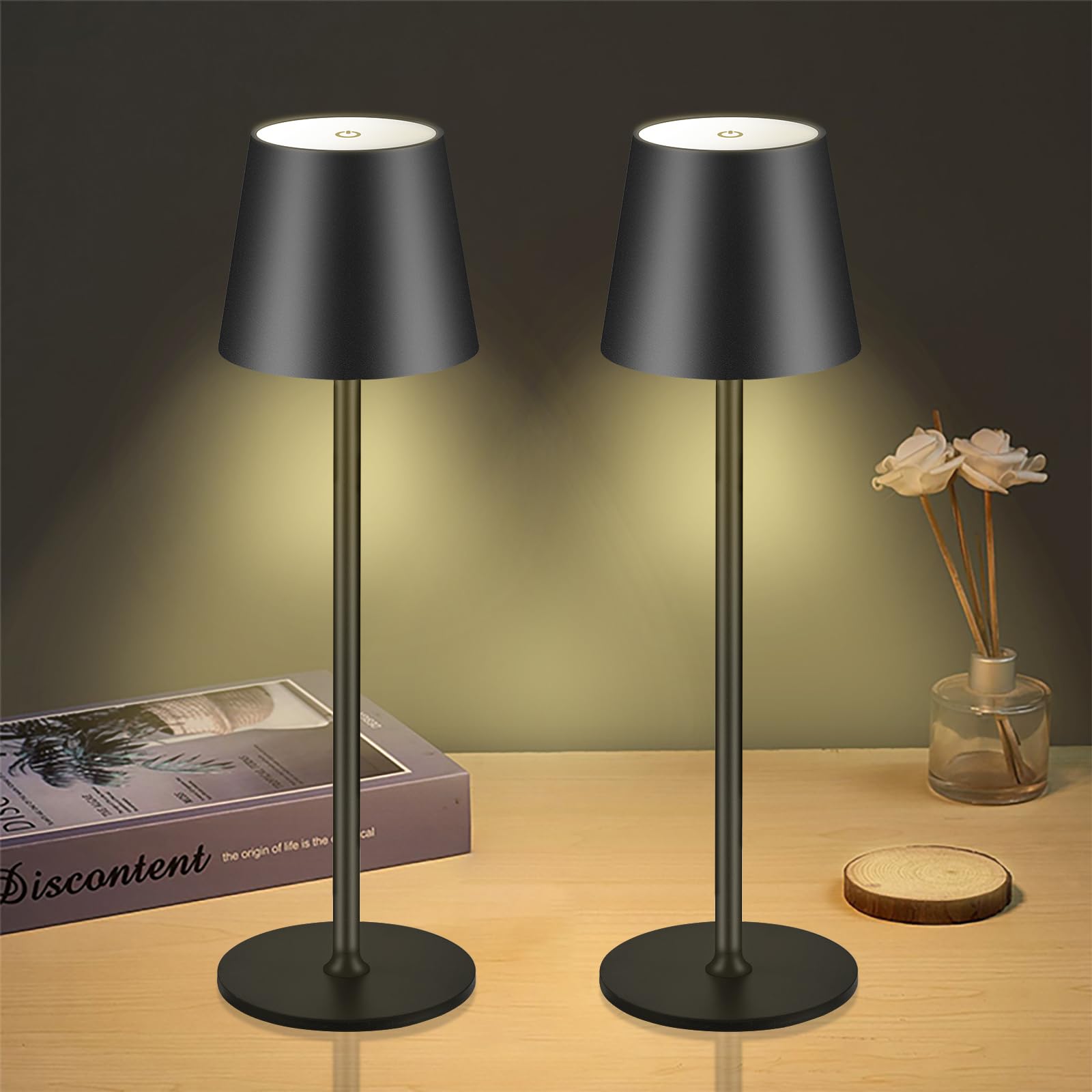 Imqsqik Cordless Table Lamps Usb Rechargeable Lamp Simplicity Desk Lamp Built-In 4600 Mah Battery Led Battery Operated Lamp With Touch Control Table Lamp - Bedroom/Desk/Reading/Patio(2Pcs-Black)