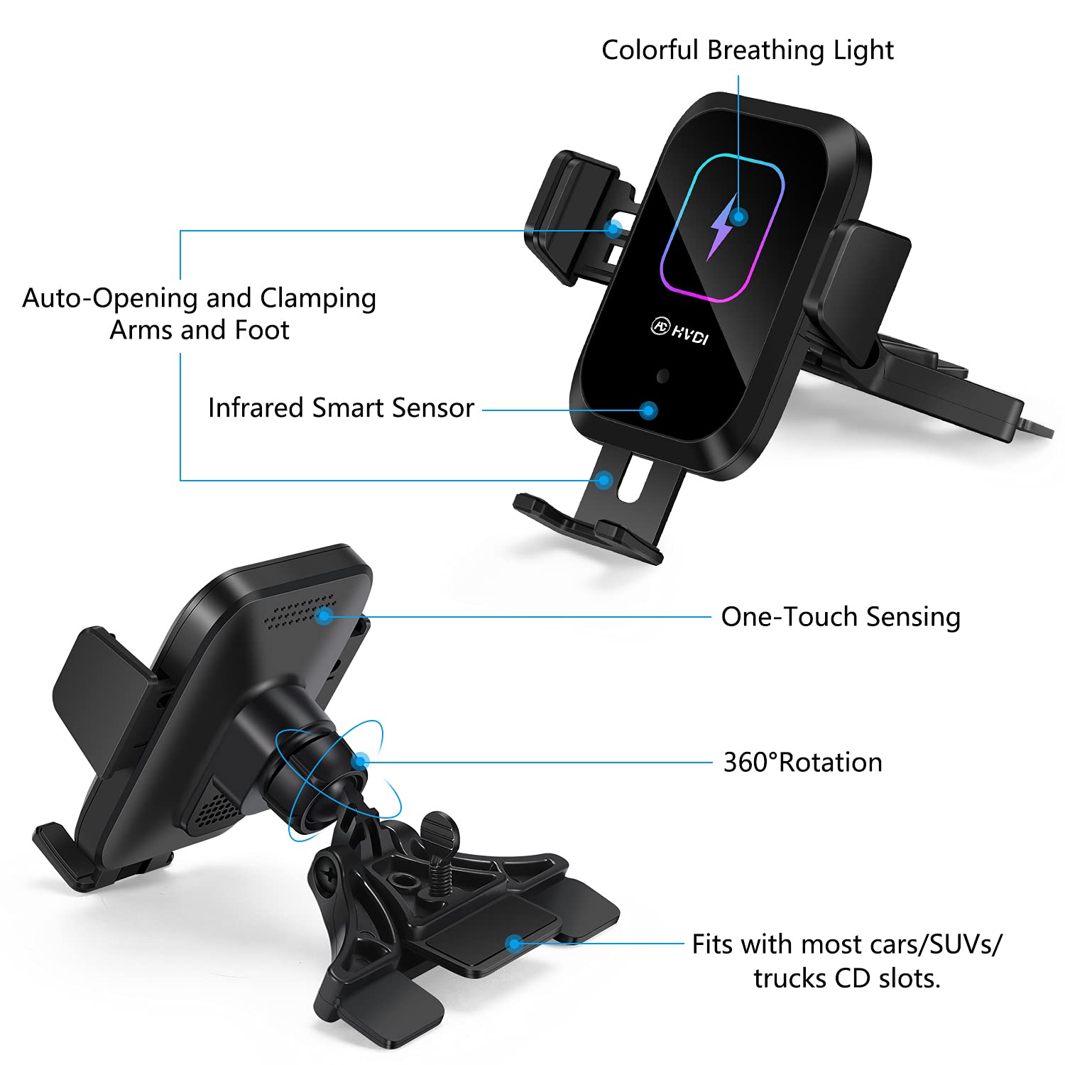 Enomol Wireless Car Charger Cd Slot Phone Mount, Auto-Clamping 15W Qi Fast Charging Infrared Smart Sensor Air Vent Cell Phone Holder,Compatible With Iphone 13 Pro Max 12 11 X 8,Samsung S21 S20 S10 S9