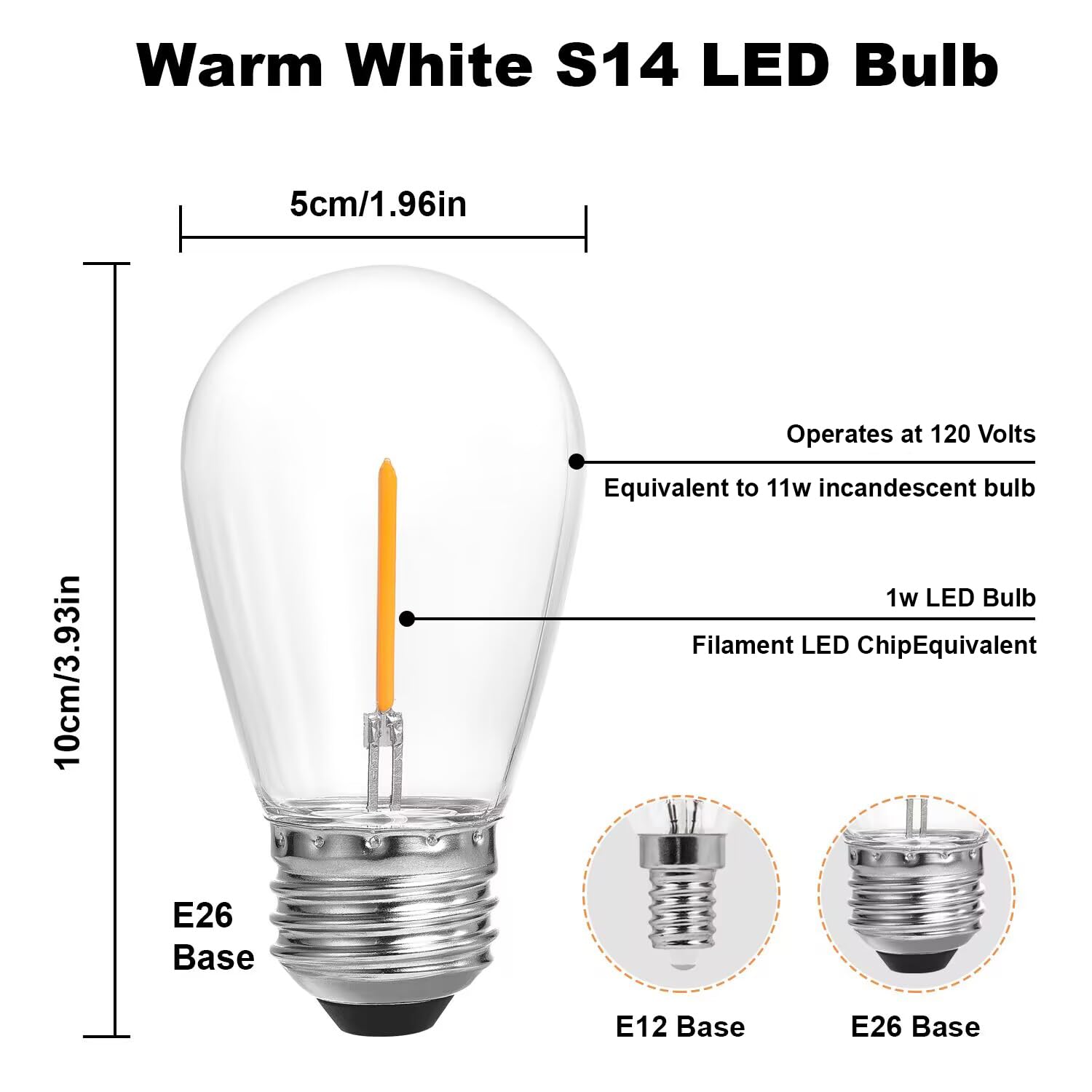 Sunthin 50 Pack Dimmable 1W S14 Replacement Led Bulbs, 2700K Warm White Waterproof Outdoor String Lights Vintage Filament Bulb, Shatterproof E26 Screw Base Edison Light Bulbs