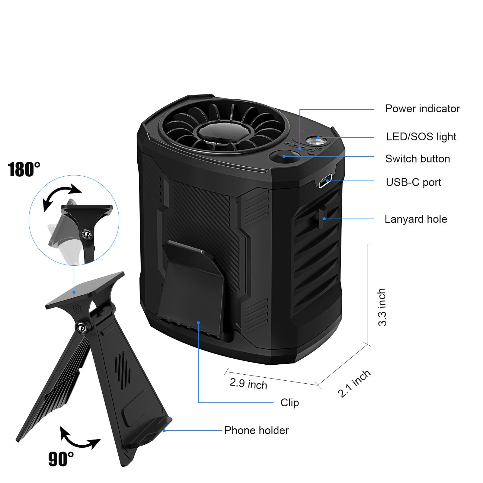 Portable 4-In-1 Waist/Neck/Desk Fan With Phone Stand & Led Light 7000Rpm Ultra-Fast Cooling, 4-Speed