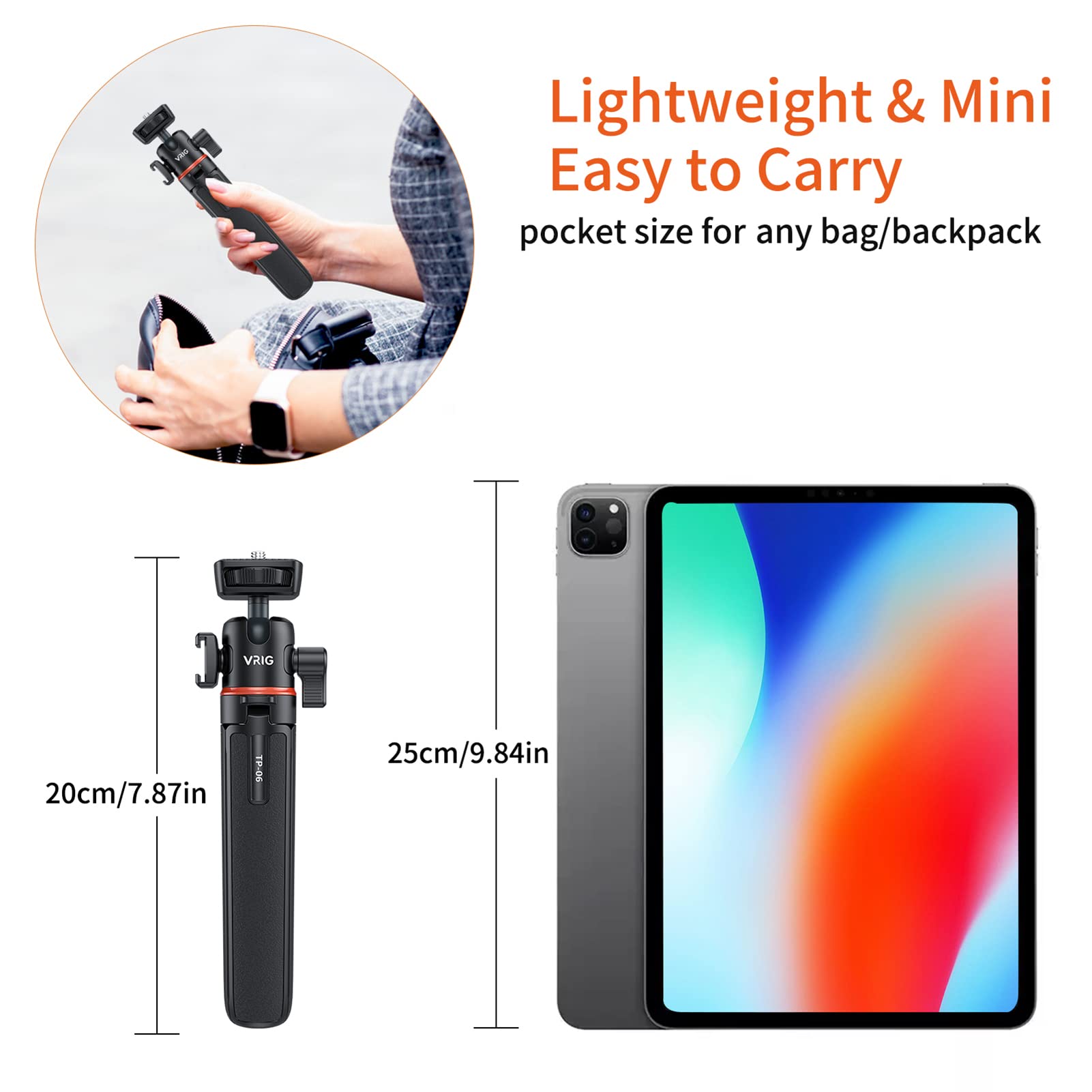 Camnoon Tp-06 Portable Selfie Stick Tripod Stand Aluminum Alloy With 1/4 Inch Screw Cold Shoe Mount 360° Rotatable Ballhead 55Cm/21.6In Max. Height 1.5Kg Load Capacity For Vlog Live Streaming Selfie