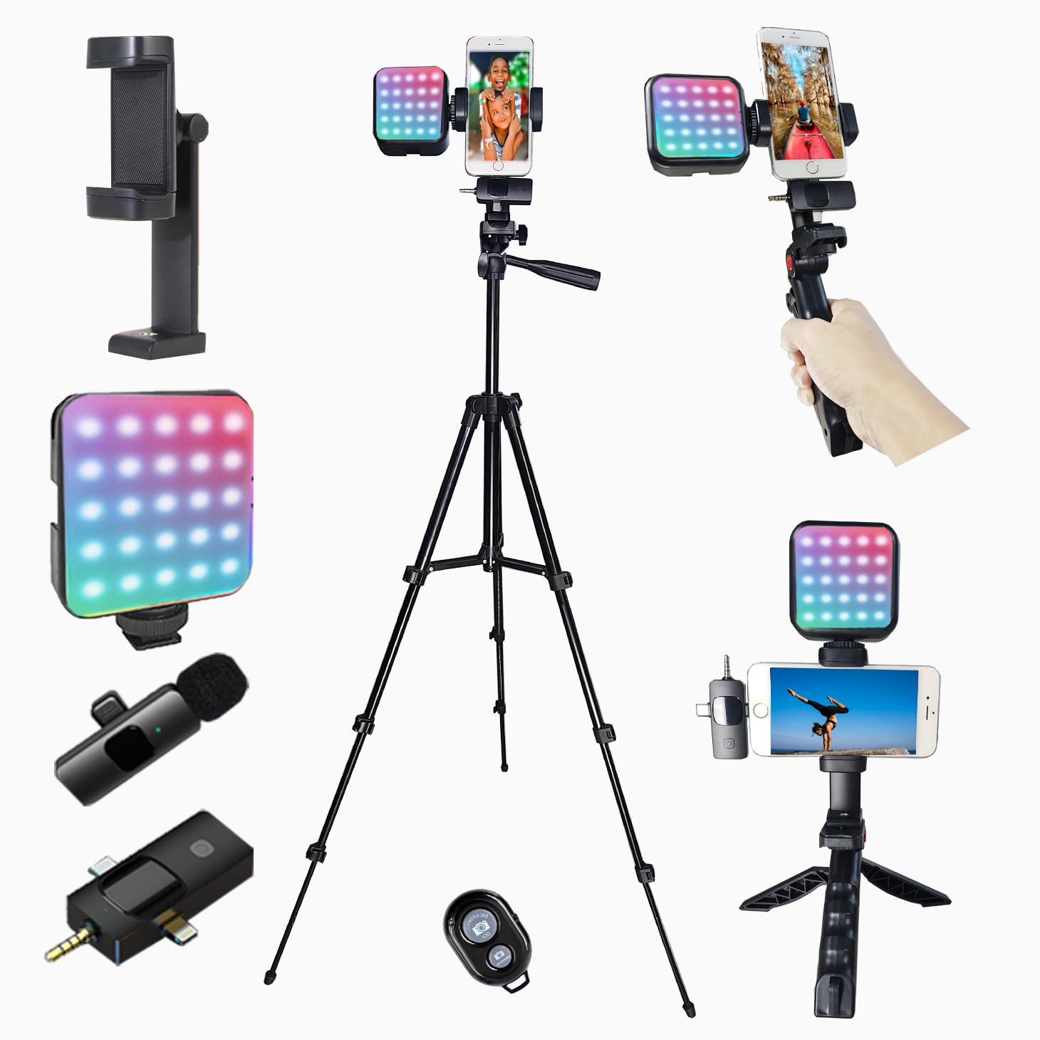 Litchitech Vlogging Kit For Iphone, Vlogging Kit For Andriod Phone, Content Creator Essentials W/Rotatableholder/Lavalier Mic/Rgb Light/Remote/Extendable Tripod (50In Tripod)