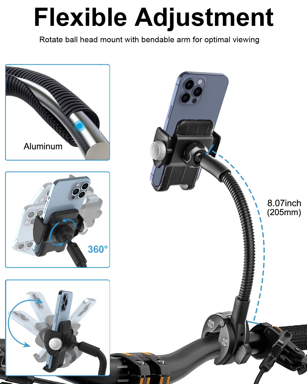 Woleyi Gooseneck Phone Holder For Wheelchair, Stroller, Golf Cart, Boat, Mic Stand, Indoor Cycling Bike, Gym Bicycle Handlebar Clamp, Compatible With Iphone 16 Pro Max/15/14/13/12, Android And All Smartphone