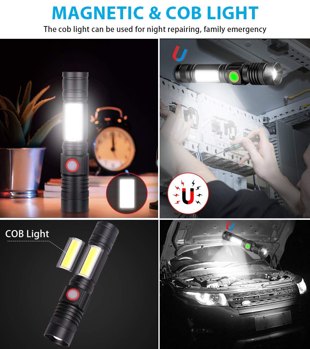 Vnina Rechargeable Tactical Flashlight, Usb Magnetic Flashlights With Cob Flash Light - 4 Models, Zoomable, Waterproof, Led Tactical Flashlight High Lumen Bright For Indoor Outdoor Camping 2 Pack
