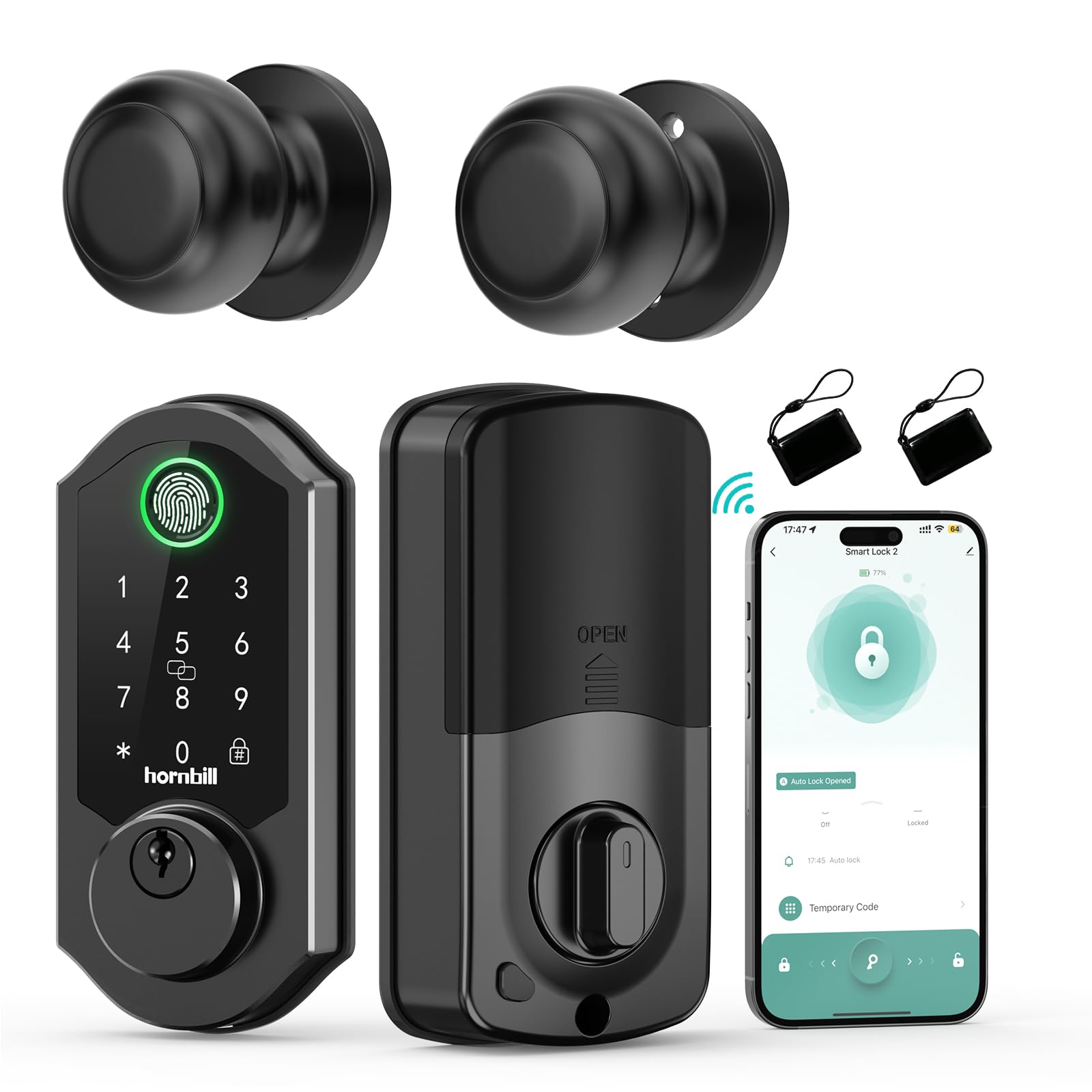 Hornbill Front Door Lock Set: Wifi Keyless Entry Smart Deadbolt Knob With Fingerprint Keypad App Code Fobs Remote Control Alexa Google, Digital Electronic Touchscreen Lock For Exterior, Matt Black