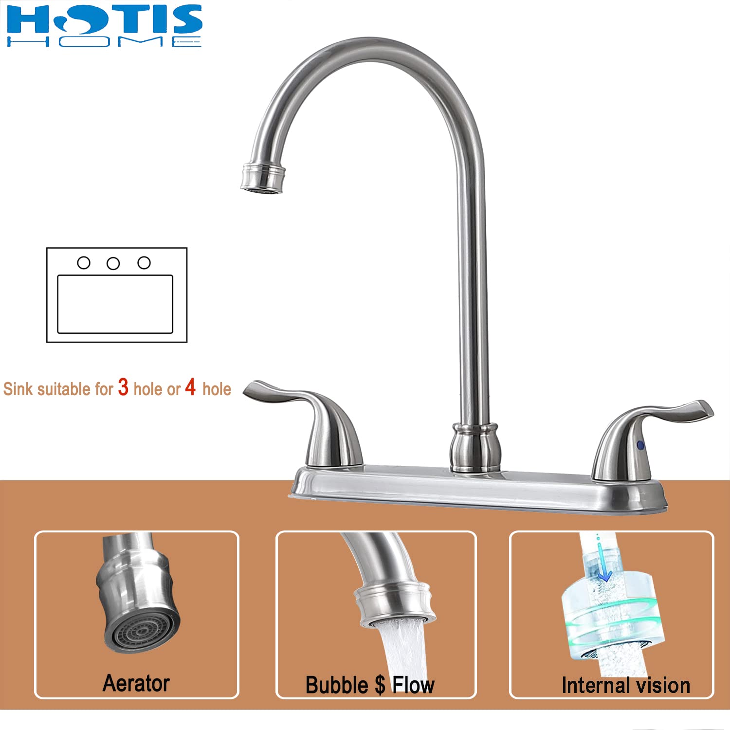 Hotis Home Brushed Nickel Kitchen Faucet, 2 Handle 3 Or 4 Hole Kitchen Faucet Without Sprayer, High Arc Swivel Spout Stainless Steel Sink Faucet For Rv Camper
