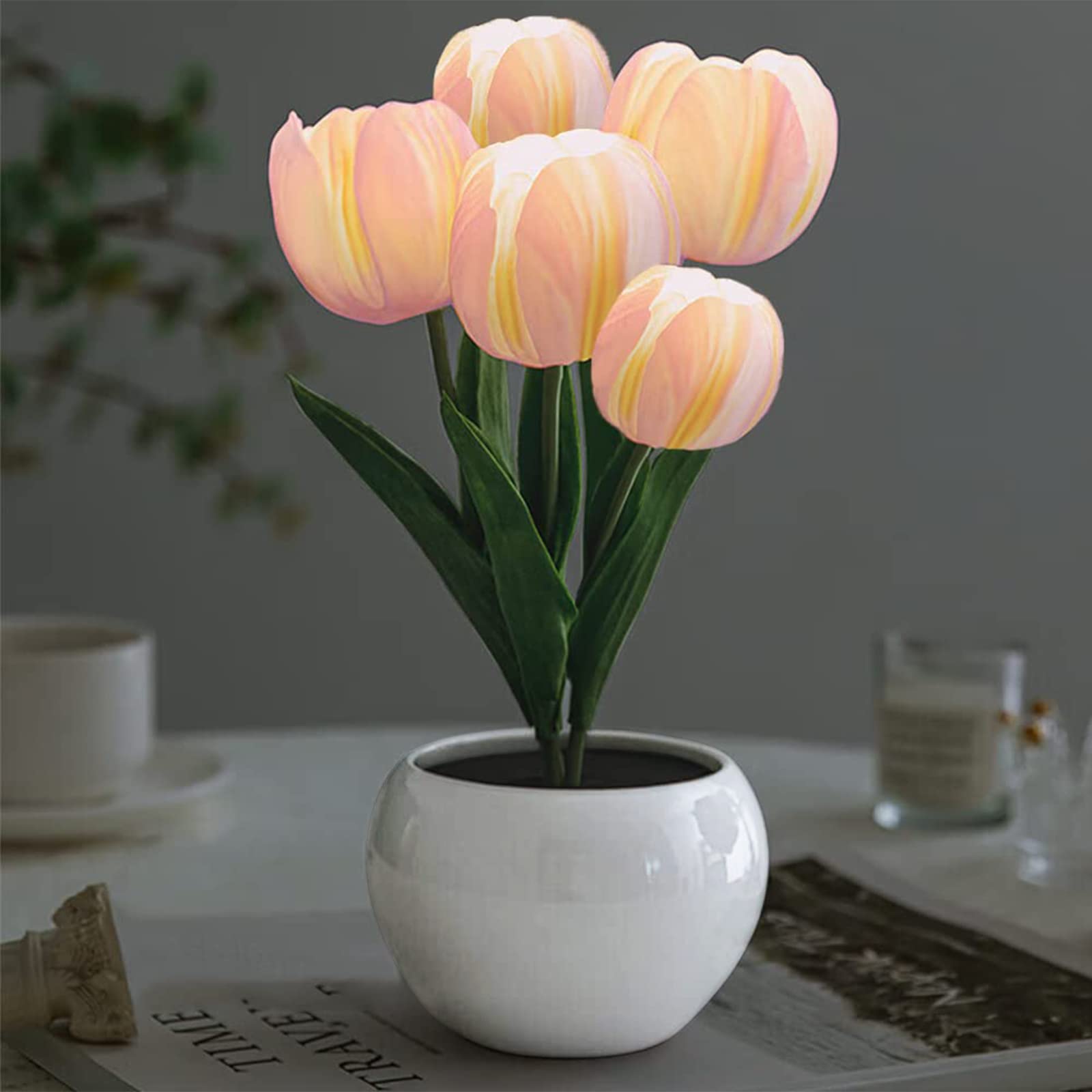 Goutool Flower Table Lamp Tulip Desk Led Night Light For Home Living Room Decor Artificial Flower With Vase Table Centerpieces For Birthday Holiday Party Wedding Room Decoration (Pink)…