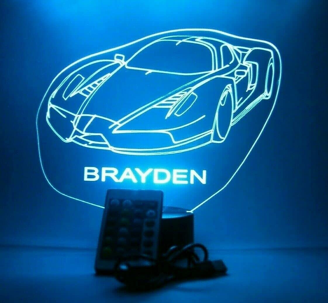 Mirror Mania Sports Race Car Night Light Up Led Personalized Name Engraved Fast Highly Exclusive Speed Racing Luxury Car Table Lamp 16 Color Changing Options With Remote Engraved, Great