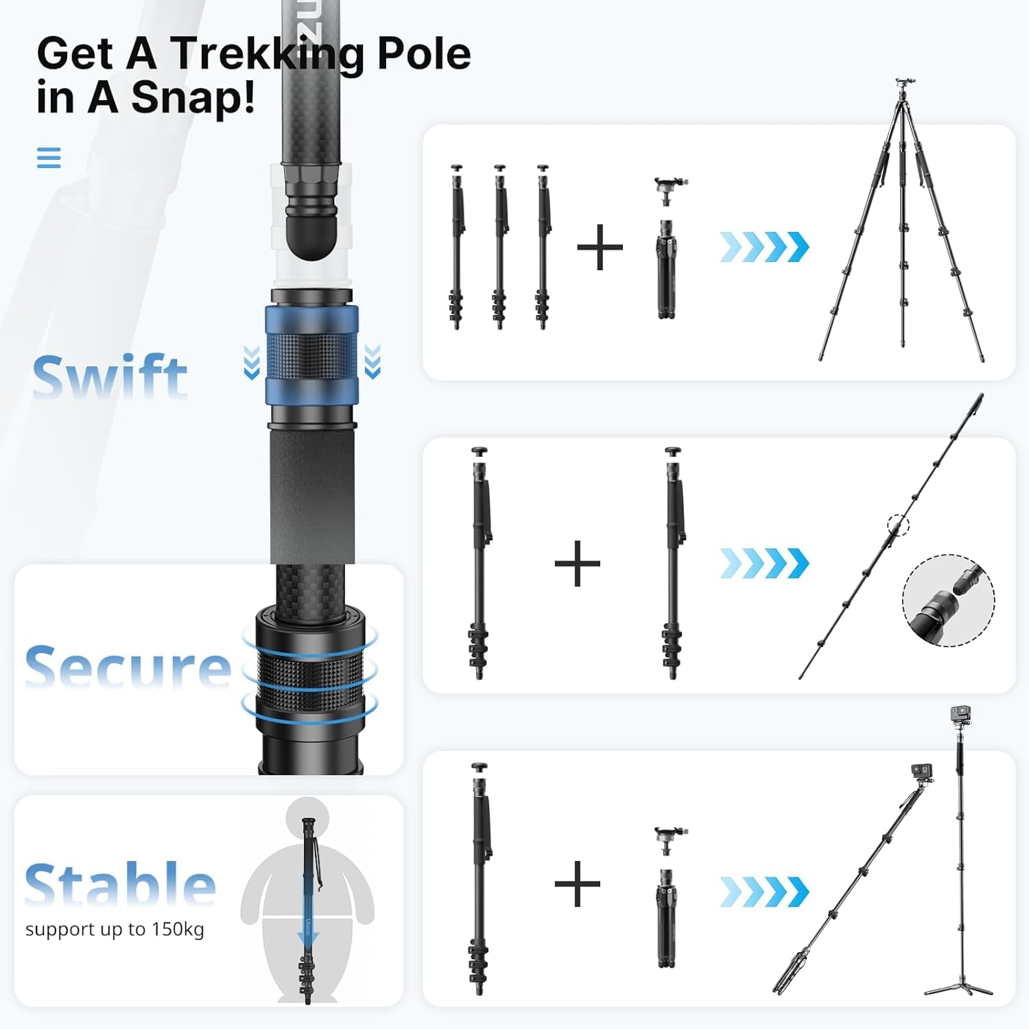 Ulanzi Tt35 57.48" Camera Monopod Tripod Carbon Fiber, 5 In 1 Multifunction Dslr Cam Travel Tripod Stand Lightweight Portable 360°Ball Head Detachable Trekking Poles