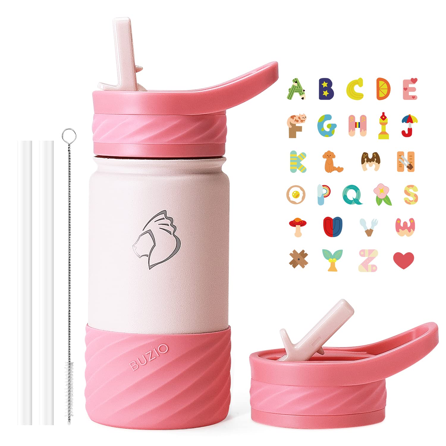 Buzio 14Oz Kids Water Bottle Stainless Steel Insulated Metal Water Bottles With Straw For Toddlers