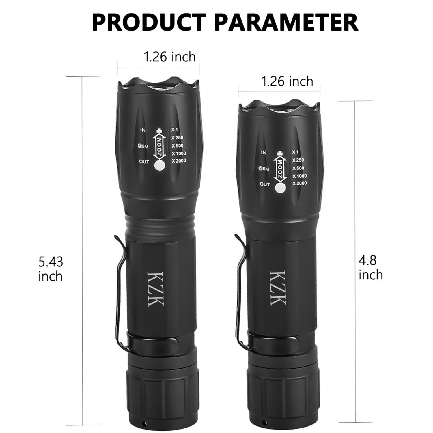 Kzk Led Flashlight, Bright 2500 Lumens Tactical Flashlight, 5 Modes Zoomable Beam, Waterproof & Durable For Camping, Outdoor, Home Emergency （2 Pack）