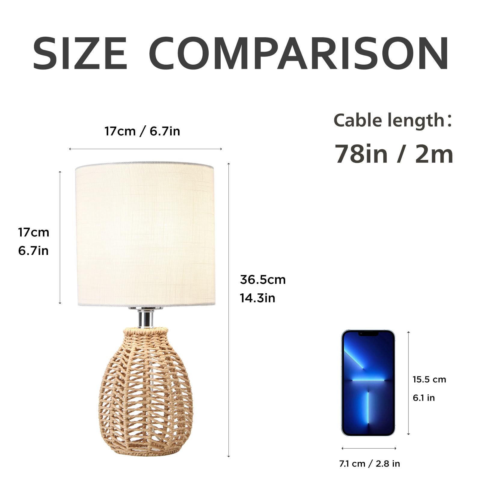 Kunjoulam Rattan Table Lamp With Linen Fabric Shade, Desk And Bedside Lamp For Living Room And Home Office