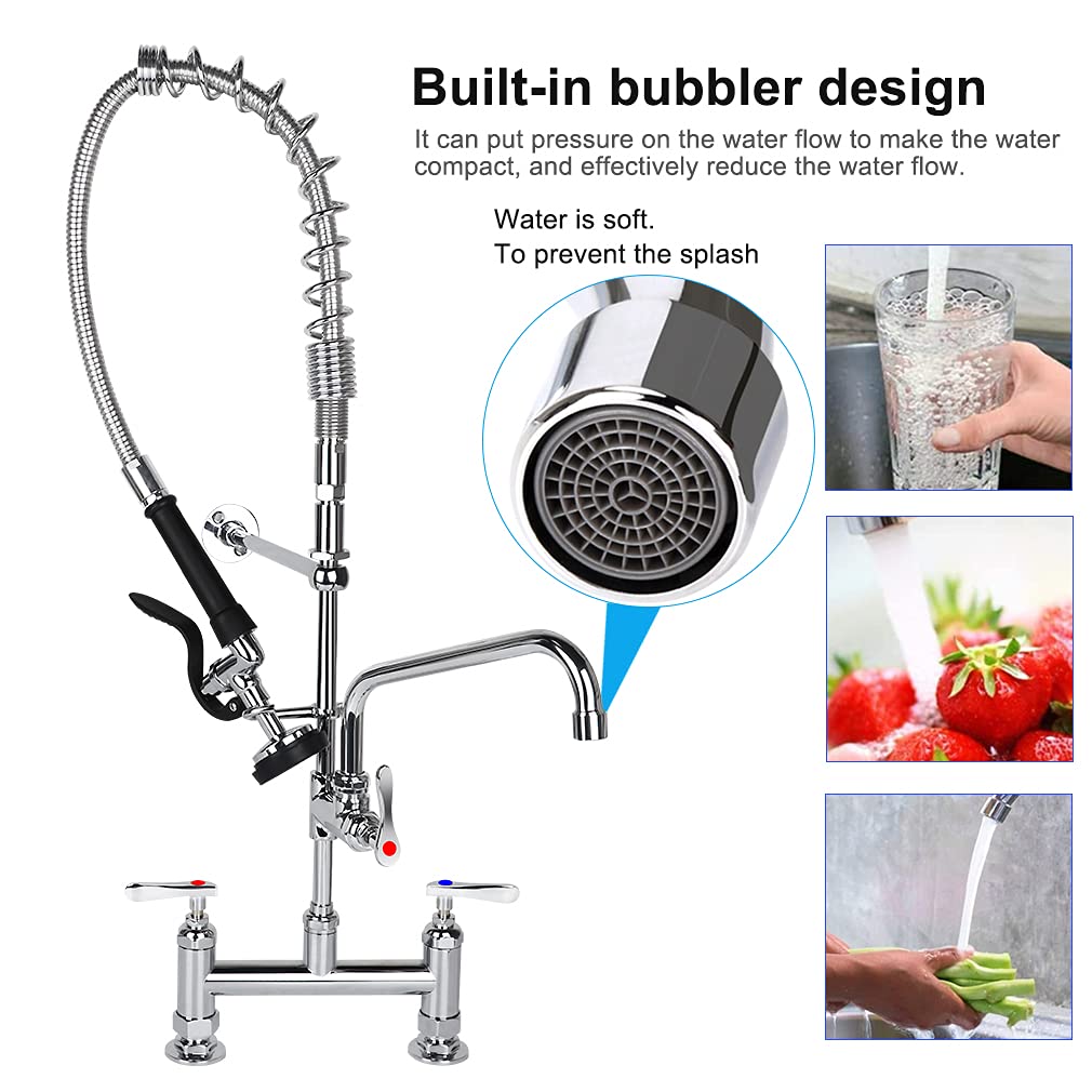 Xiube Commercial Sink Faucet With Pre Rinse Sprayer, 8 Inch Center 27 Inch Height Deck Mount Commercial Kitchen Sink Faucet With 12Inchswing Spout Fit For Kitchen Restaurant, Brass Chrome