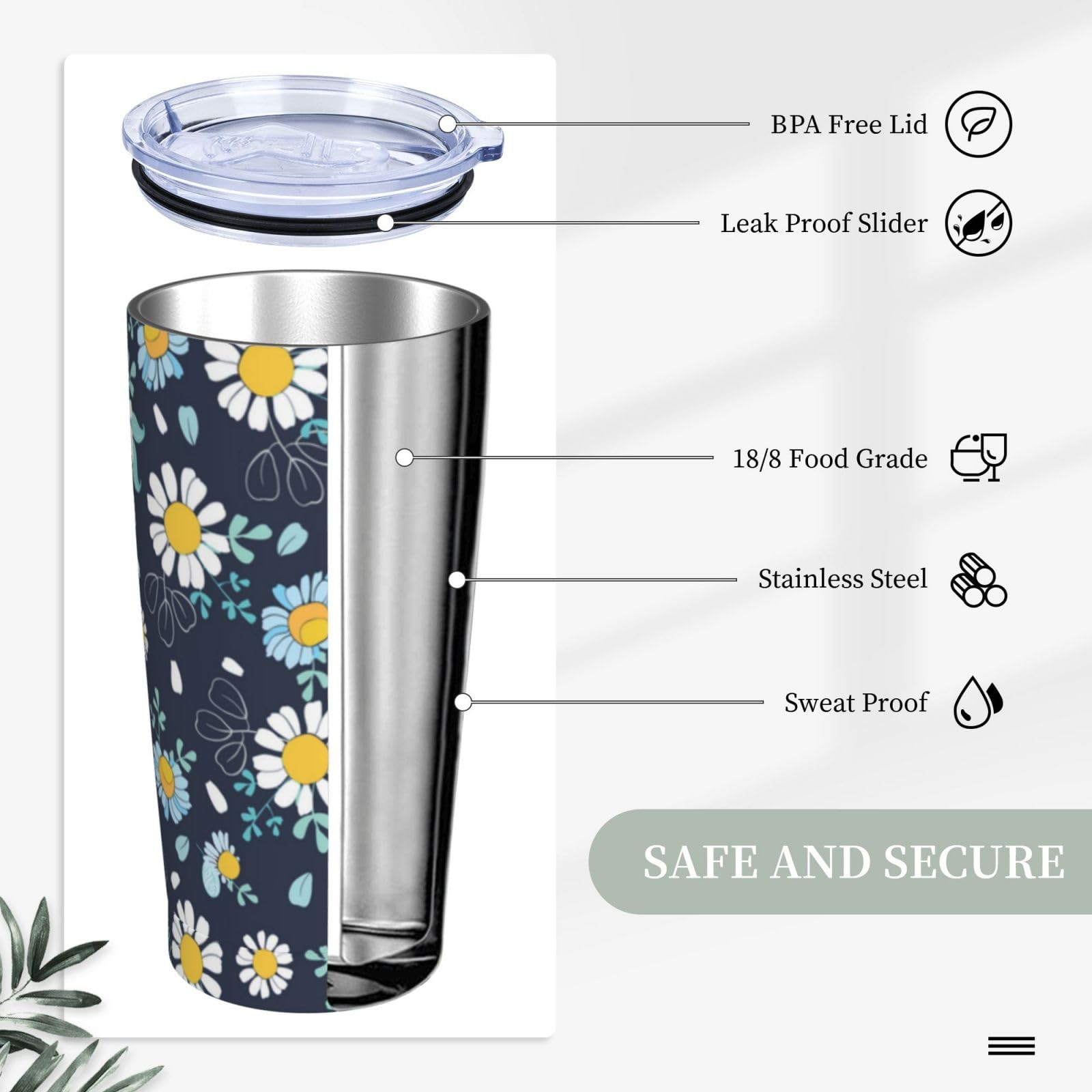 Daisy Flowers Tumbler 20Oz Floral Stainless Steel Insulated Tumblers With Lid And Straw Spring