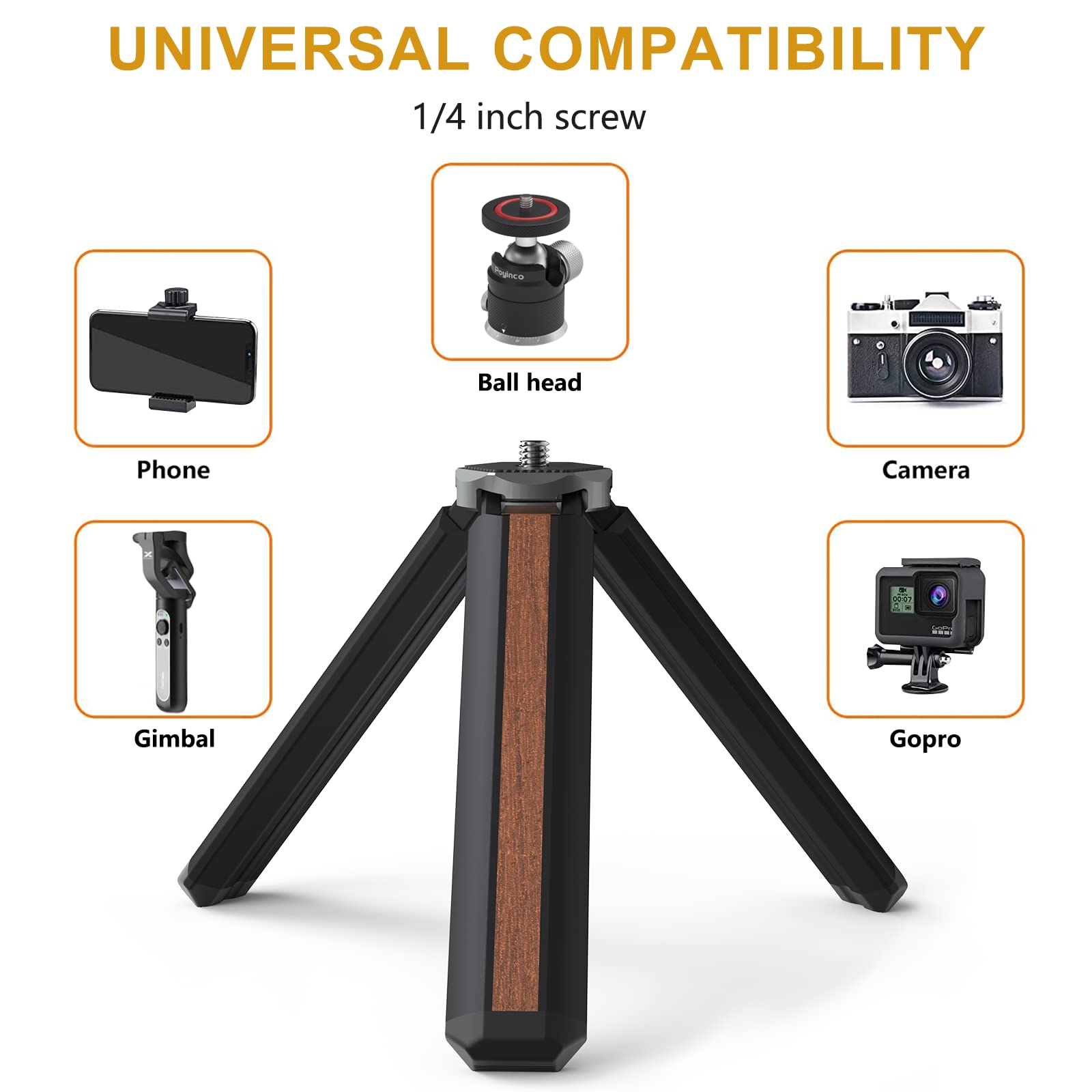 Poyinco Mini Tabletop Tripod Portable Iphone Tripod 1/4"-20 Mounting Screw And Folding Feet, Fits For Selfie Stick, Zhiyun, Osmo And All Camera Perfect For Photography Vlogging And Youtube.(Black)