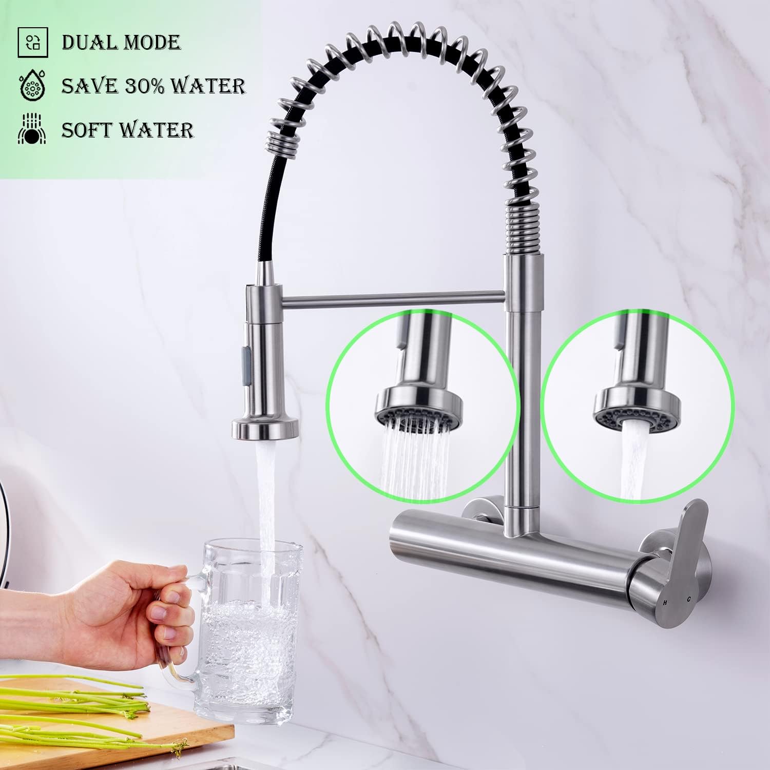 Flwueue Wall Mount Faucet 8 Inches Center, With Pull Down Sprayer, High Arc Single Handle Spring Kitchen Sink Faucet, Grifos De Cocina, Brushed Nickel
