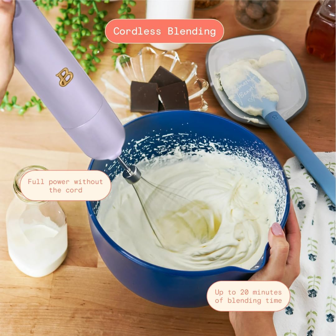 Uniqus Beautiful Cordless Immersion Blender, 2-Speed Handheld Mixer With Attachments, Stainless Steel Shaft, Rechargeable Battery (Lavender)