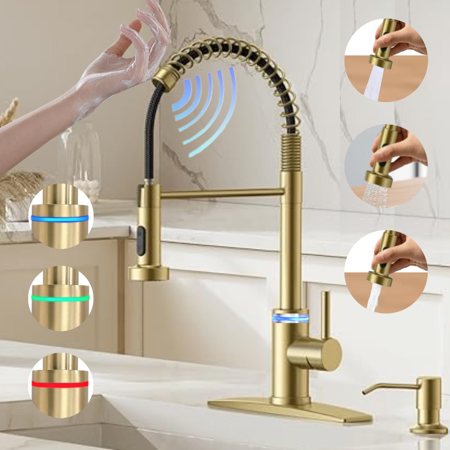 Videc Smart Kitchen Faucet, 3 Modes Pull Down Sprayer, Touch On Sensor Activated, Led Temperature Control, 360-Degree Rotation, 1 Or 3 Hole Deck Plate. 5-Year . (Kw-66J, Brushed Gold)