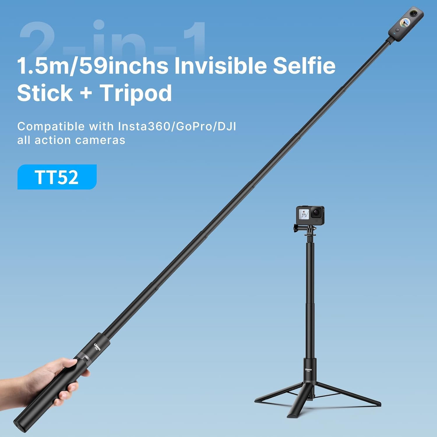 Uurig Ulanzi 59In Invisible Selfie Stick Tripod Tt52 Extendable Pole Selfie Stick Handle Grip Adjustable For Insta360 X4 X3 Video Shooting W Adapter For Action Camera Hero 13 12, 11, 10, 9, 8, 7, 6, 5 Etc