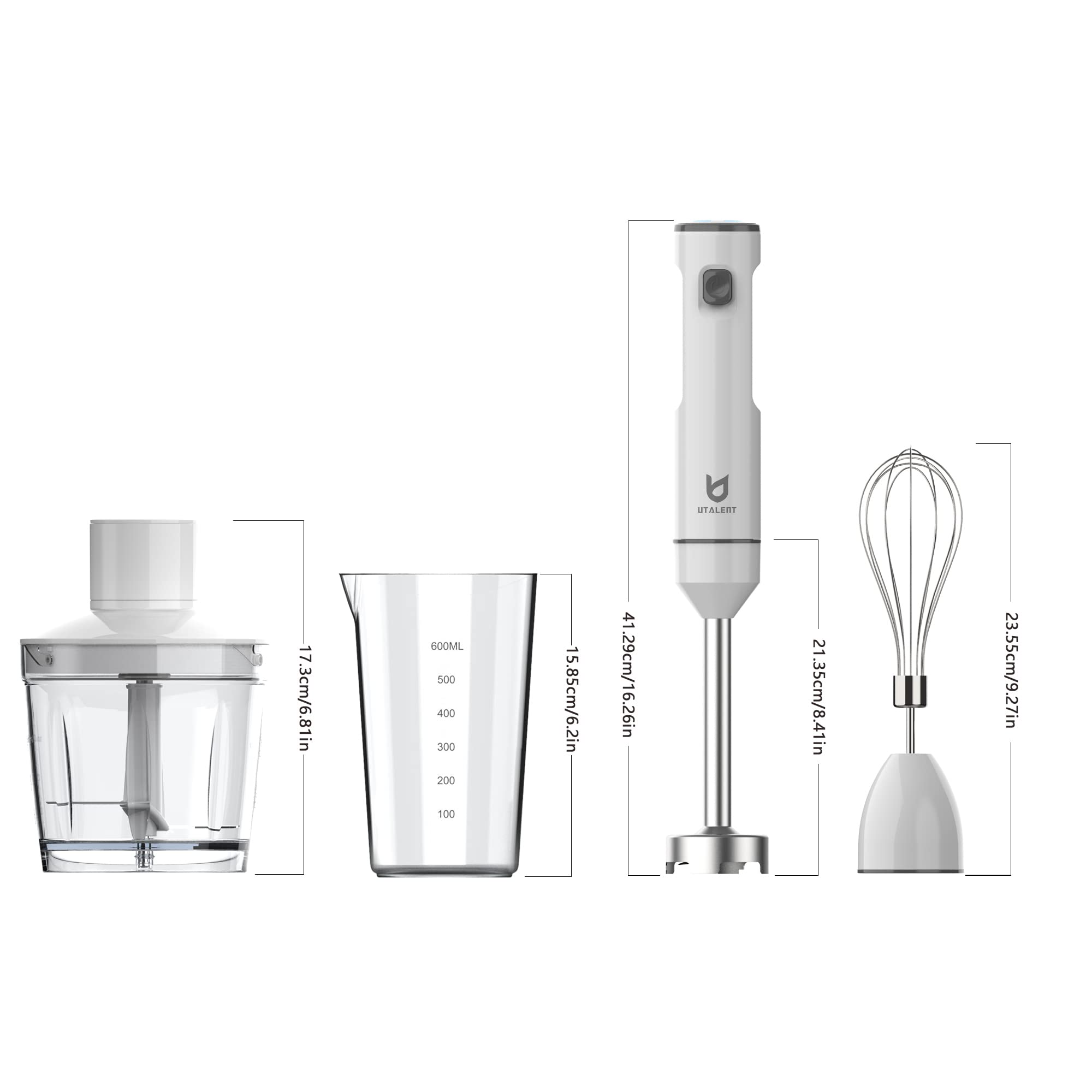 Utalent Cordless Hand Blender, Variable Speed Immersion Blender Rechargeable, With 500Ml Chopper, 600Ml Container, Egg Whisk, For Smoothies, Baby Food And Soups – White
