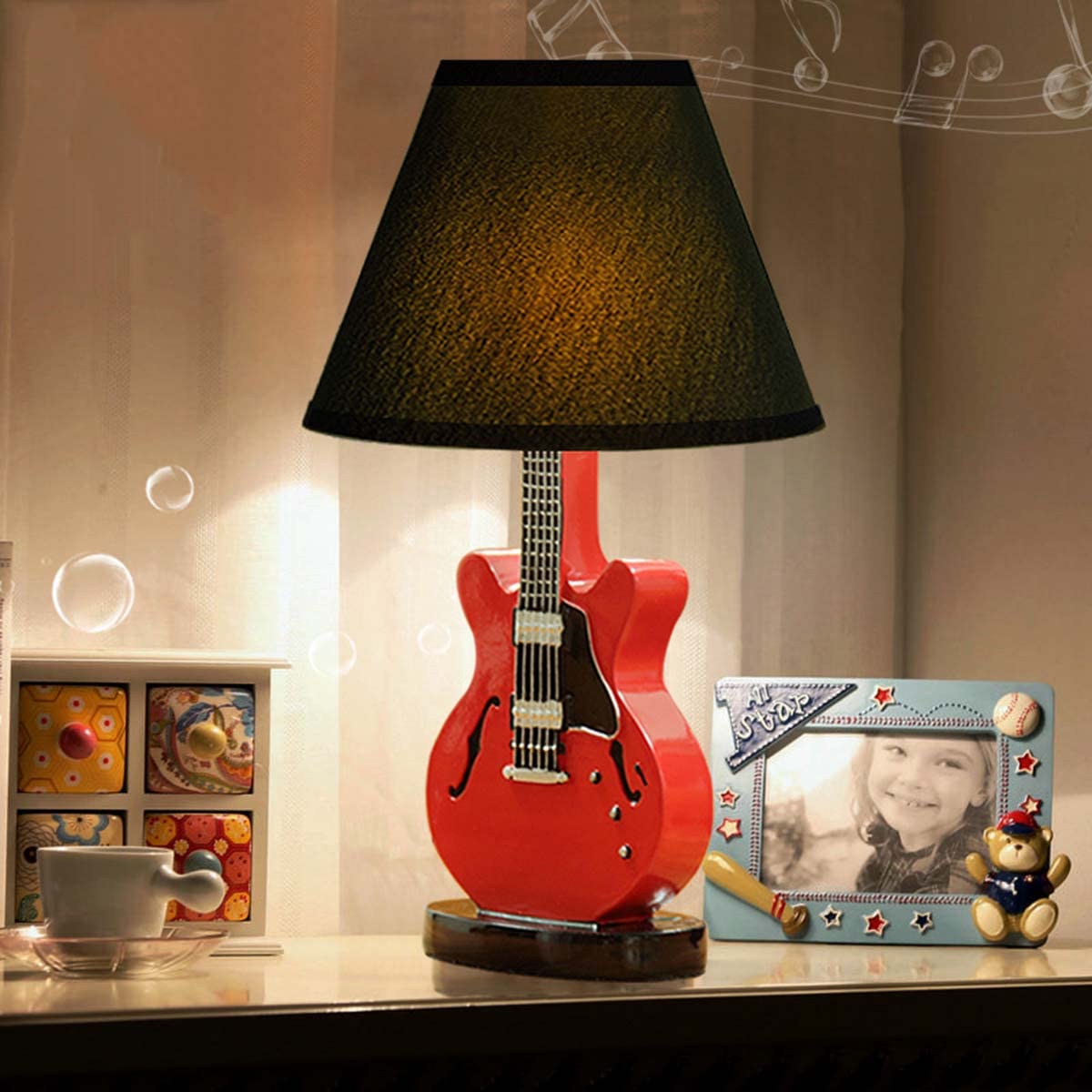 Inletter Modern Creative Cartoon Desk Lamp Red Guitar Lamp Bedroom Bedside Table Lamp Night Light Dimming Warm And Lovely Children ,Red