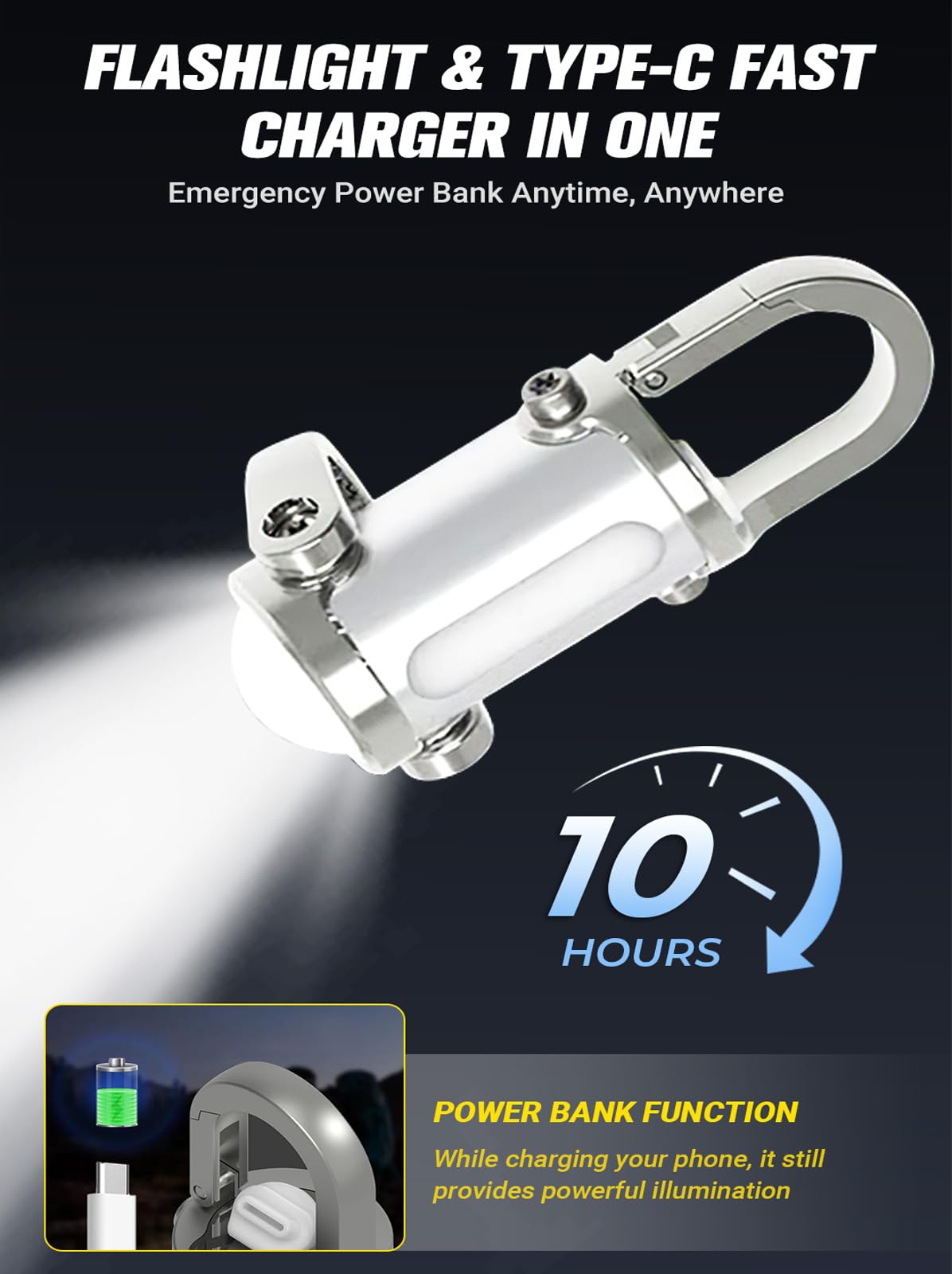 Piegricdiat 1200Lm Super Bright Mini Keychain Flashlight Waterproof, Versatile 6 Modes Edc Flashlight, Can Be Used As Main Light, Side Light, Mobile Power Source For Use, Rescue, Camping (Silver White)