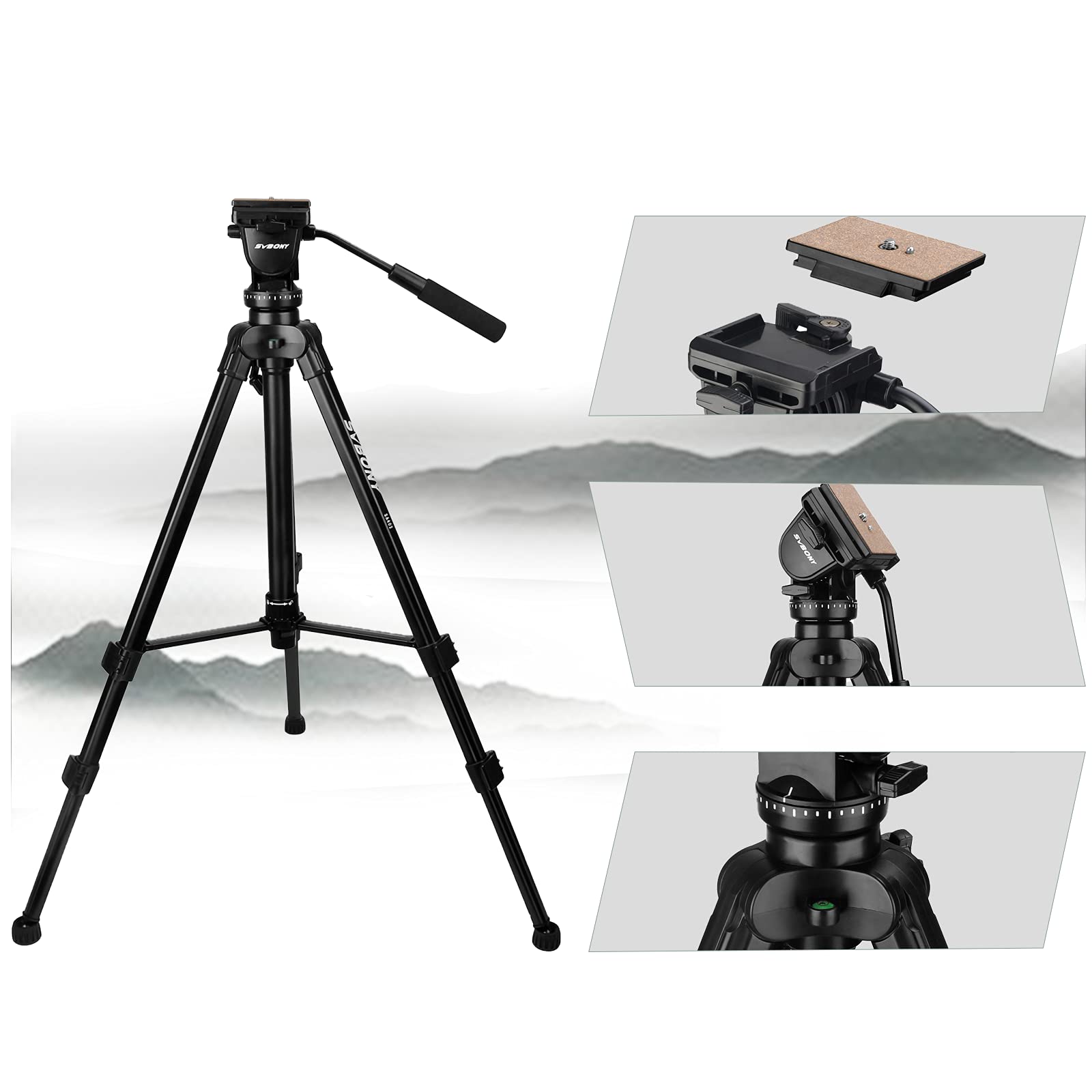 Svbony Sa402 Tripod, Fluid Head Aluminum Travel Tripod With 1/4 Inch Quick Shoe Plate For Spotting Scope And Digital Slr Dslr Cameras Camcorder, Load Up To 13.2 Pounds