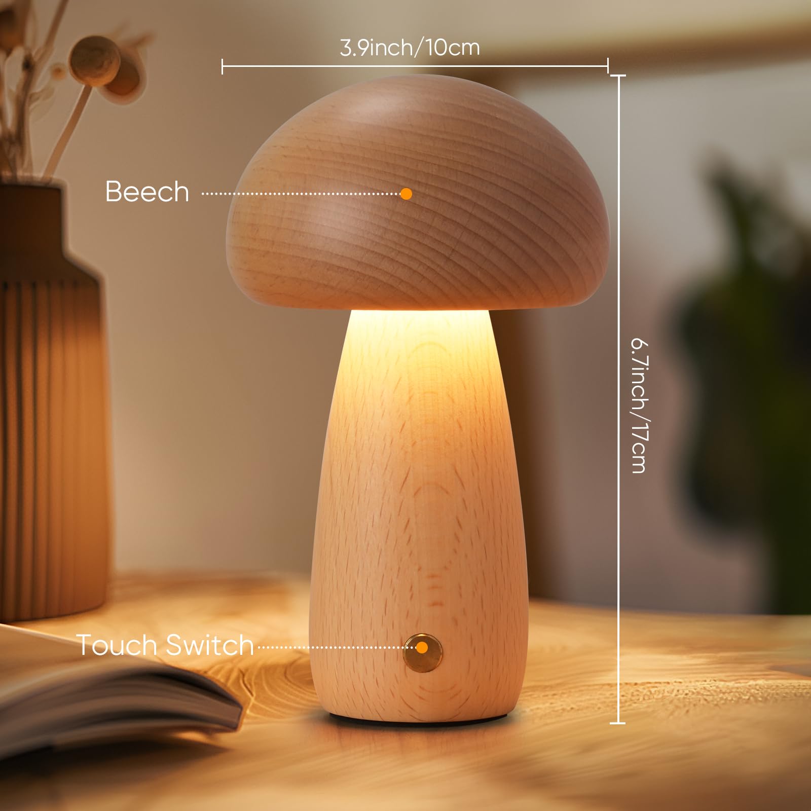 Lonrisway Wooden Mushroom Lamp For Bedroom, Portable Cordless Small Rechargeable Battery Operated Lamp,Stepless Dimming, Night Light For Birthday