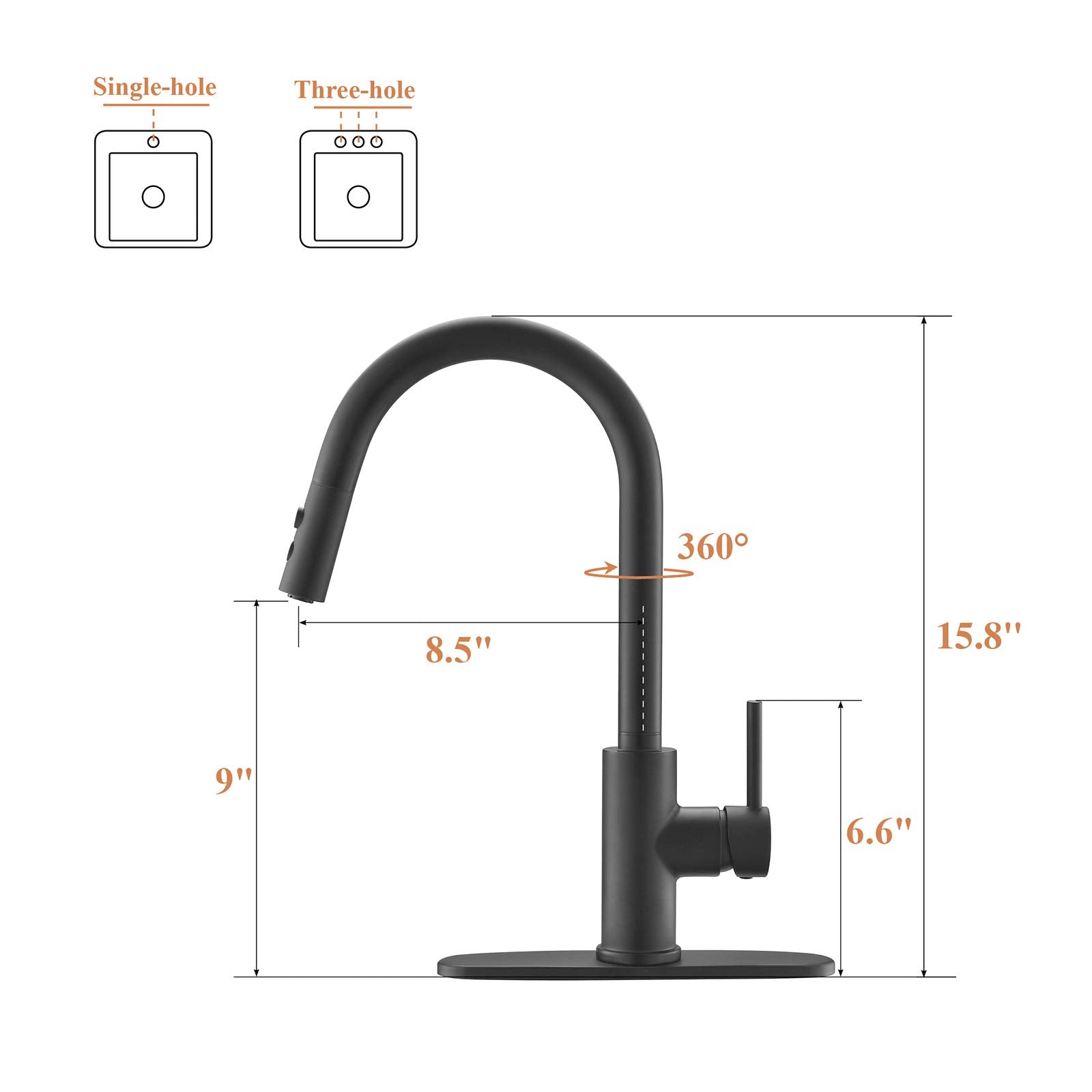 Rulia Matte Black Kitchen Faucet, Black Faucet, Kitchen Sink Faucet, Pull-Down Kitchen Faucets, Bar Kitchen Faucet, Stainless Steel, Rb1031