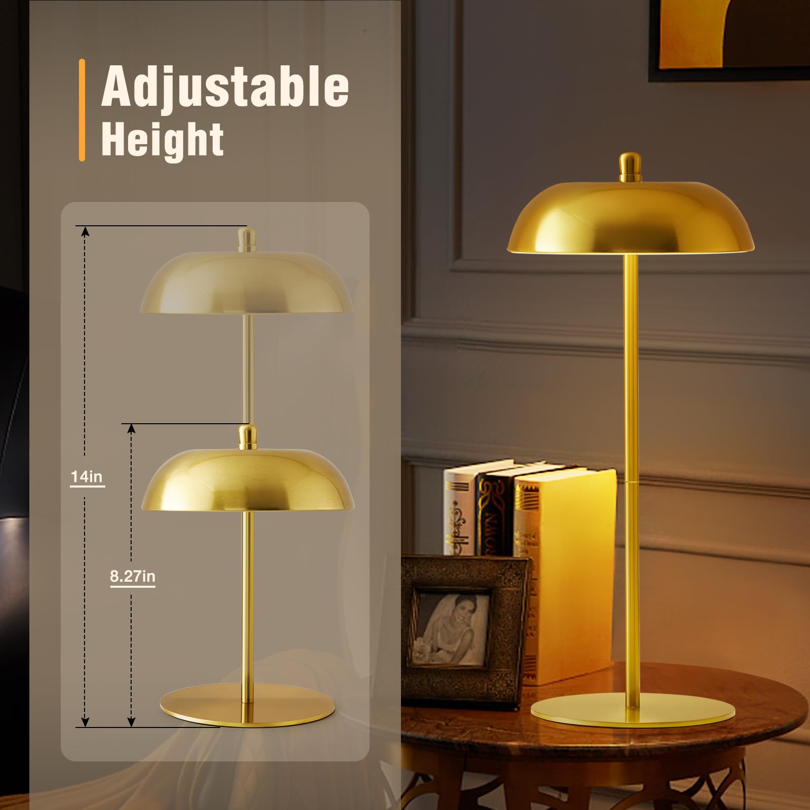 Ejiaxin Cordless Table Lamp Rechargeable - Battery Operated Adjustable Height Led Desk Lamp 3 Way Dimmable Touch Nightstand Reading Lamp - Small Bedside Table Lamp For Dorm Home Bedroom Office Gold