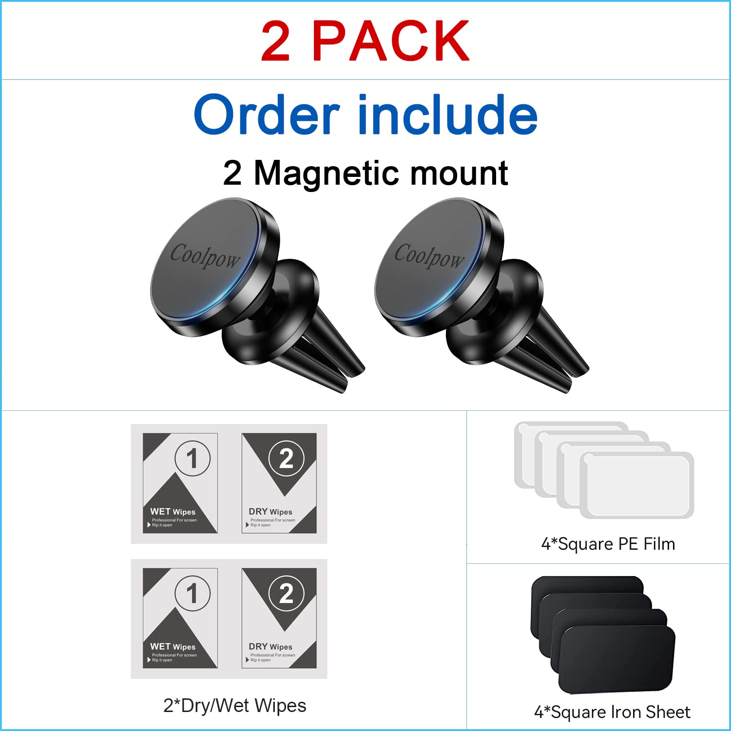 Coolpow 【2-Pack】Car Vent Magnetic Phone Mount[ Easily Install ] Reusable Magnetic Phone Holder For Car Vent Air[ Strong Magnet ] [ 360° Rotation ] Fit For Iphone 13 12 11 Pro Max Samsung & All Cell Phone