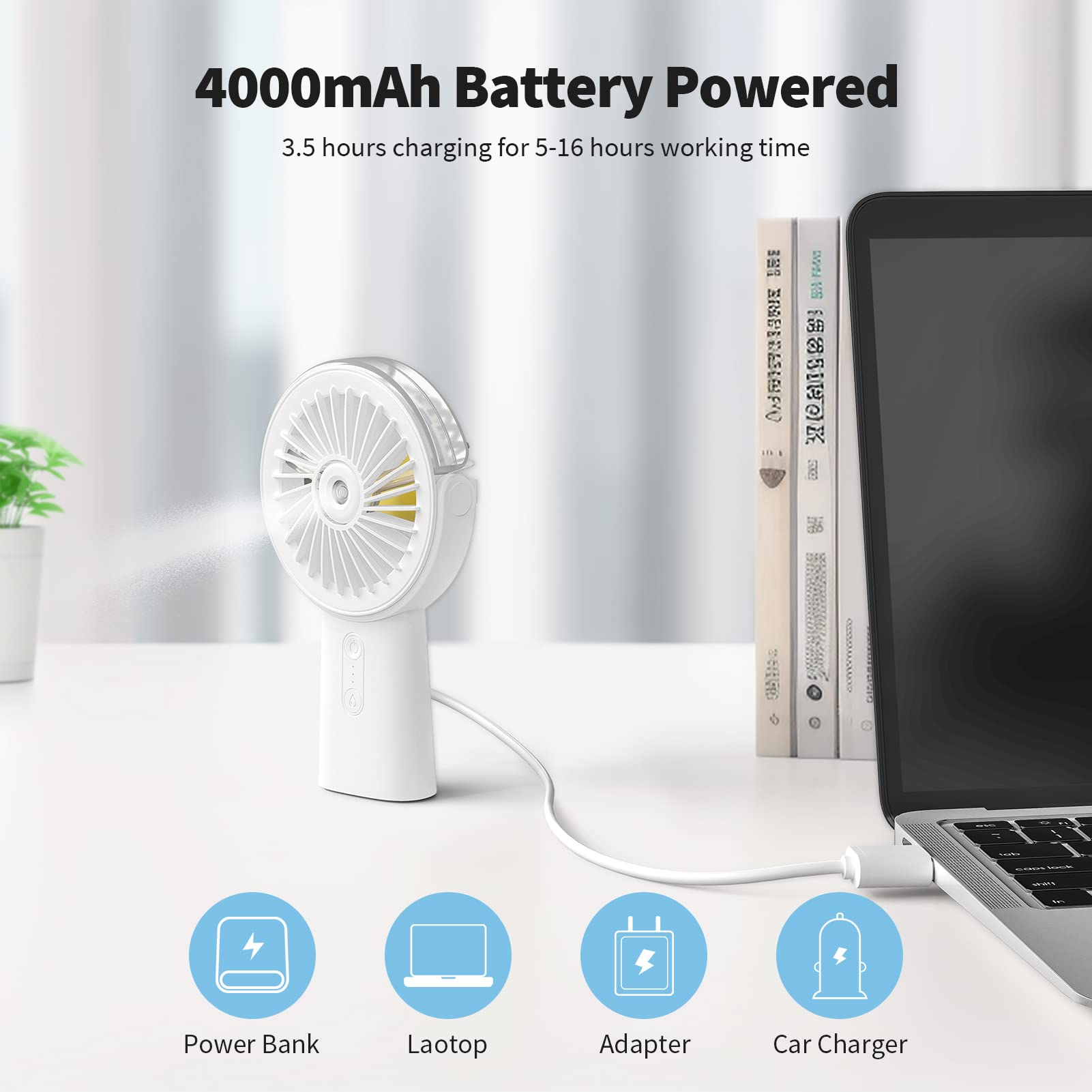 Otlonpe Misting Fan Portable Fan With Mist, 4000 Mah Rechargeable Handheld Fan Battery Operated