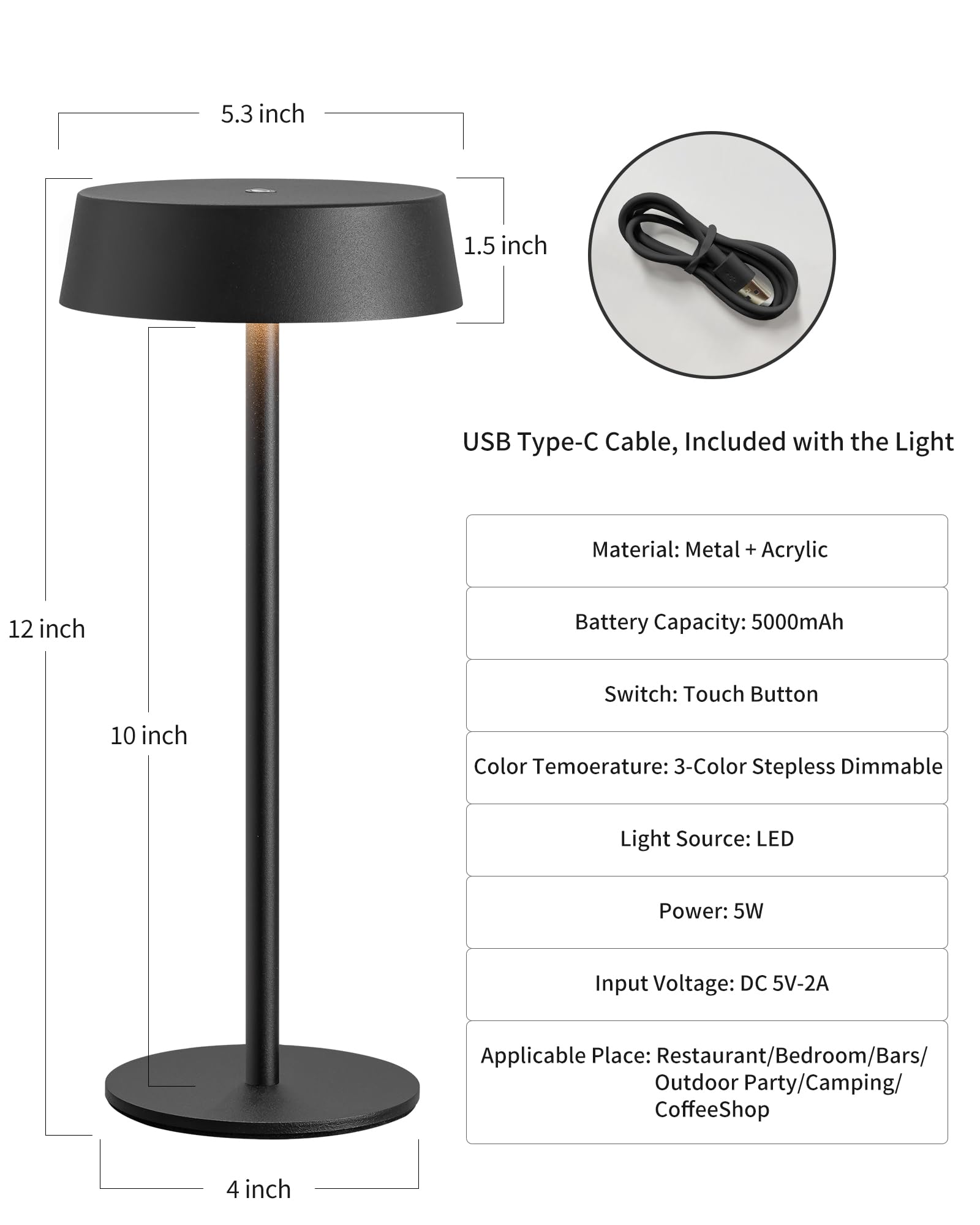 Visdanfo 2 Pack Cordless Table Lamps, Rechargeable Lamp With 5000Mah Battery Operated, Touch Lamps, Portable Indoor/Outdoor Lamp For Kitchen Living Room Bedroom, Waterproof (Black)