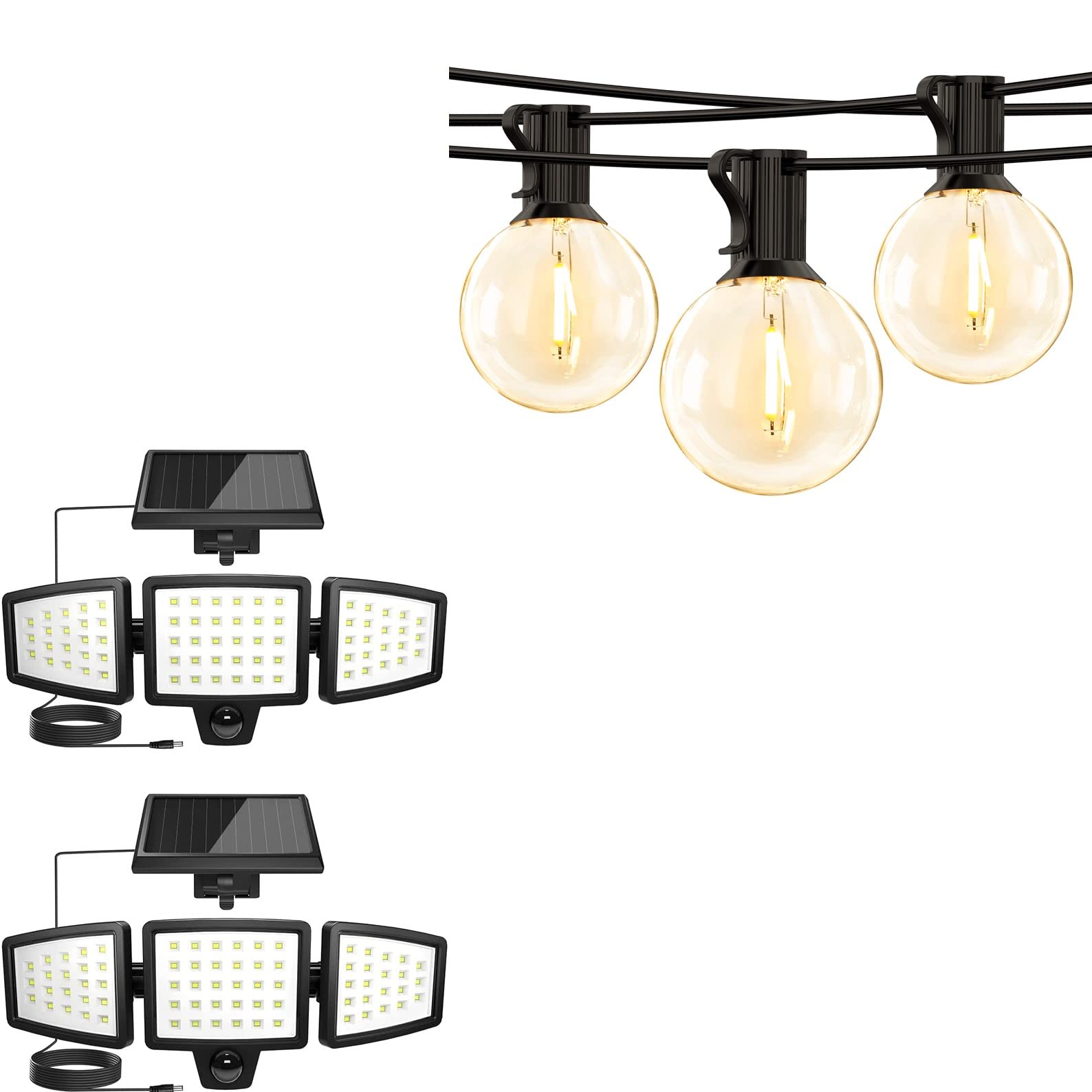 Lepro Bundle - 2 Pack Solar Flood Light 3 Adjustable Heads With Separeted Solar Panel & 50 Ft Outdoor String Lights 25 Led G40 Edison Bulbs String Lights