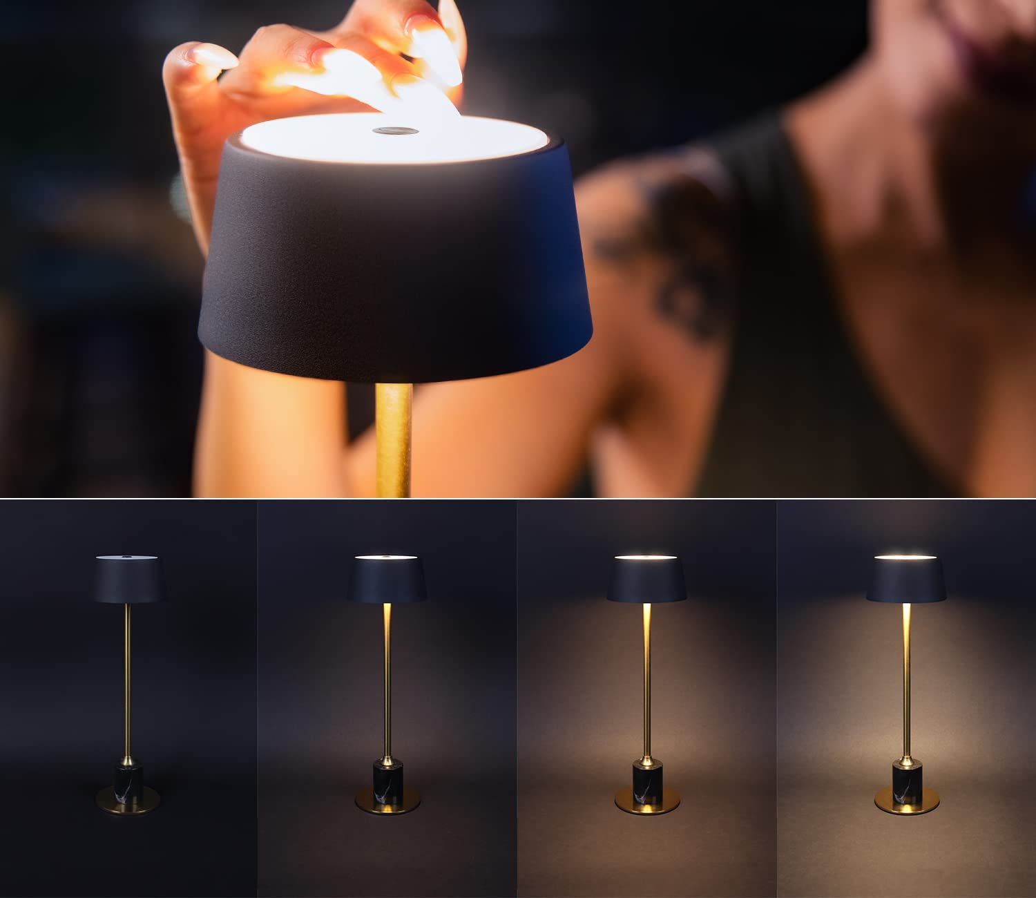Dawalight Cordless Table Lamp, Rechargeable Desk Lamp, 2500Mah 3 Level Brightness Fillable Lamp, Couple Dinner, Coffee Table, Restaurant, Bedroom, Reading, Outdoor Camping Black + Gold
