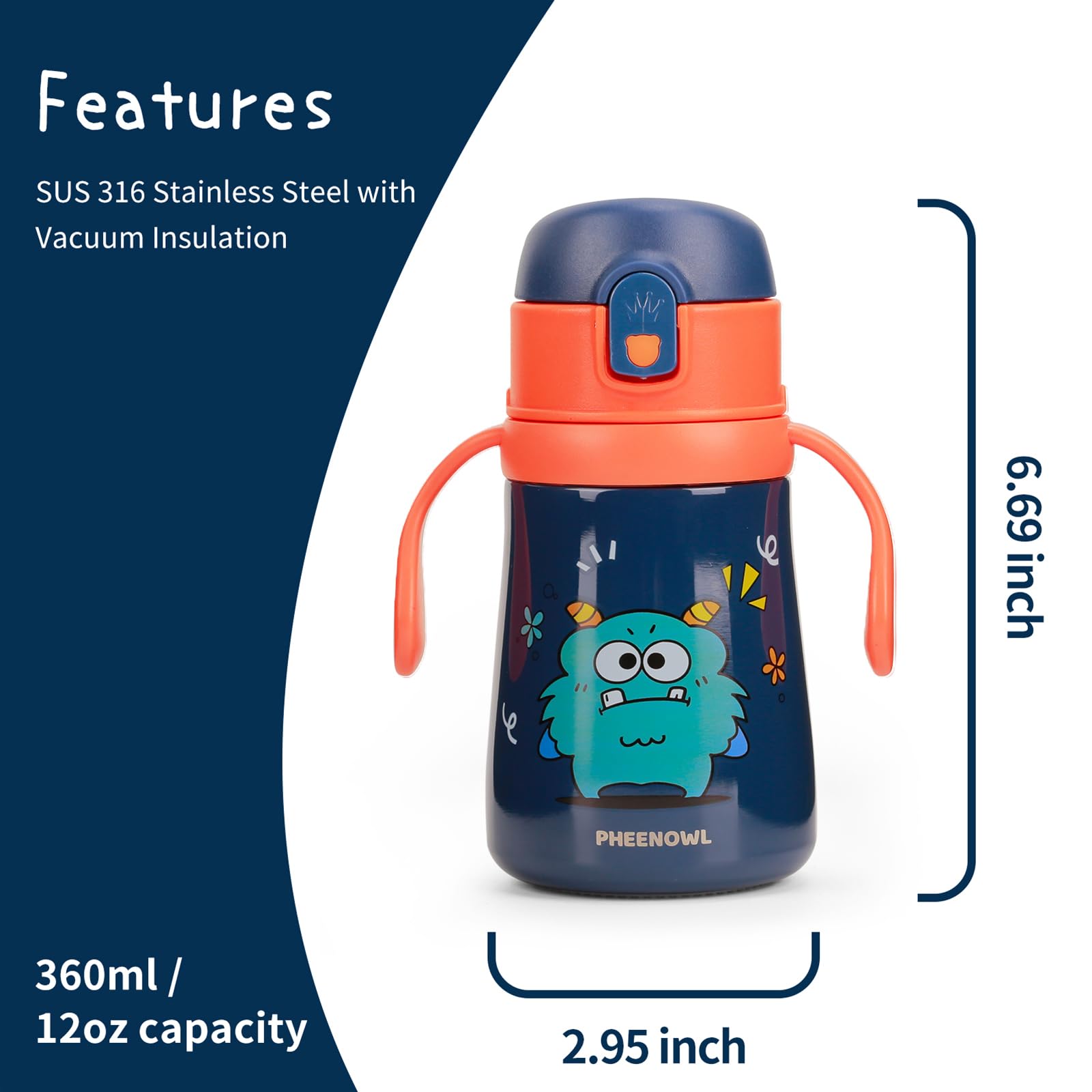 12 Oz Kids Insulated Water Bottle With Straw Lid Handles & Strap - Sus 316 Stainless Steel Leak Pro