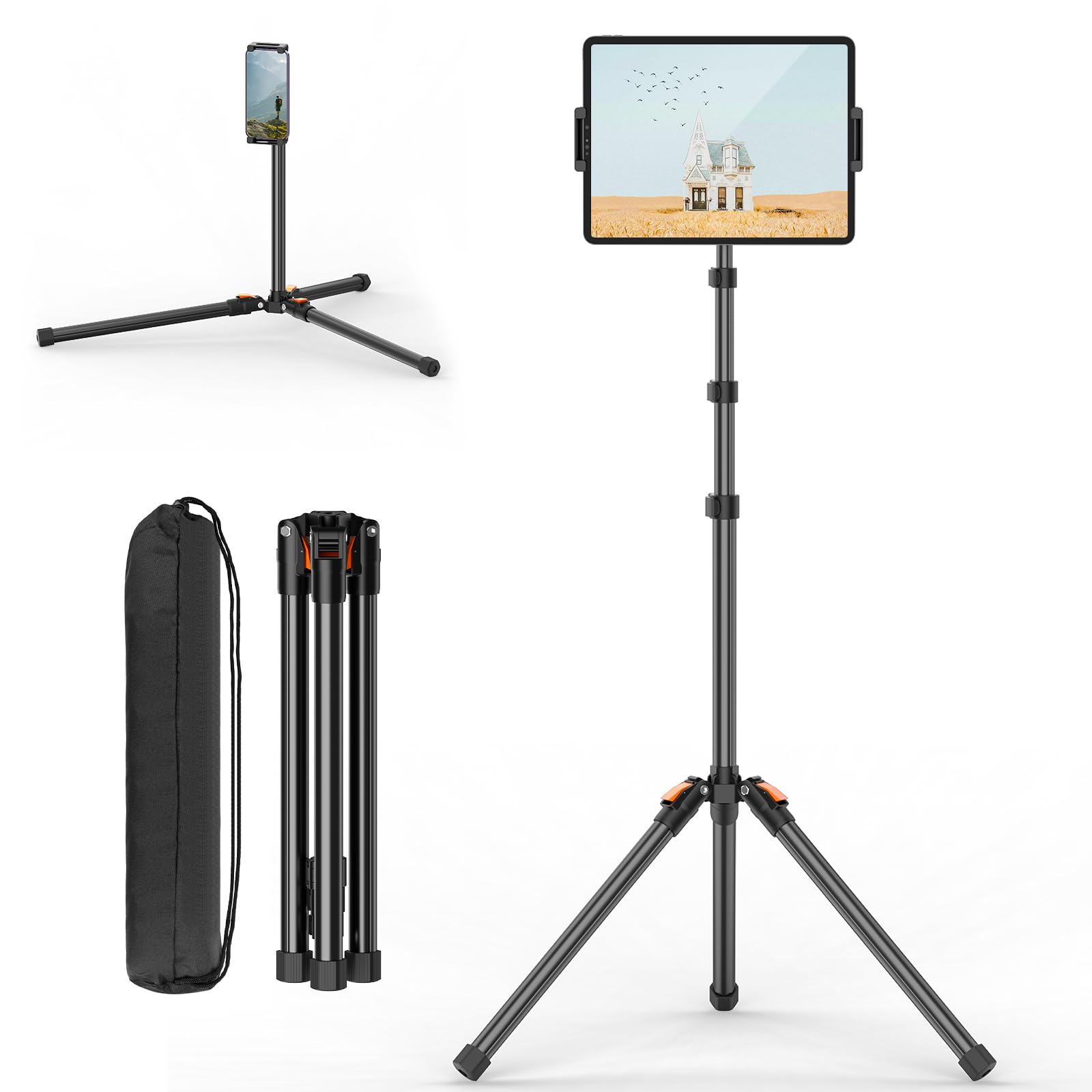 Xxzu 72In Tablet Floor Stand Tripod,Tablet Stand Floor With 360° Ball Head,Height Adjustable Floor Stand Holder For Bed With Case,For Phone/Music/Mic/Stream/Recording And All 5.12-11.05” Devices