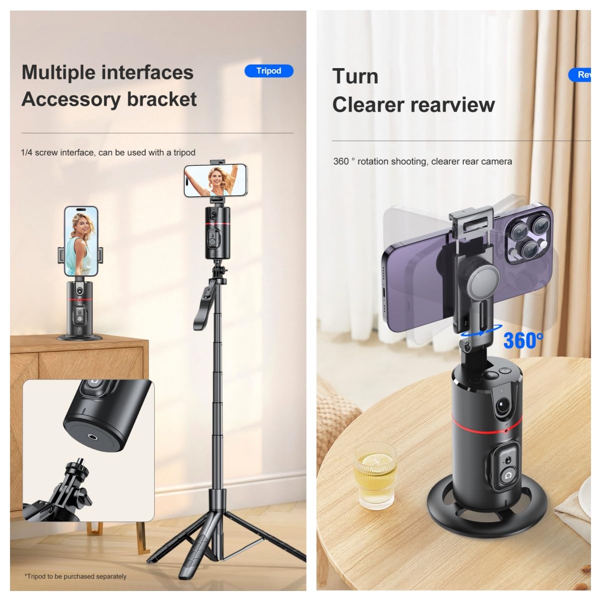 Sesdos Auto Face Tracking Tripod Remote Control,Smart Tracking Phone Holder,360° Rotation Face Body Phone Camera Mount Gesture Control With Tripod Stand For Live Streaming Video,Chat Face Time，Meeting