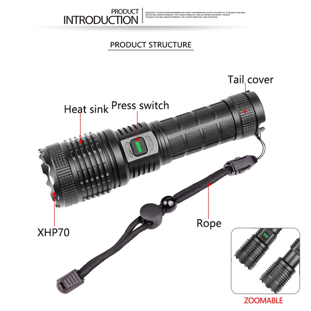 Proforus Led Flashlight, 10000 Lumens, Xhp70.2 Led, Usb Rechargeable, 5 Modes, Water Resistant, Durable Aluminum Alloy