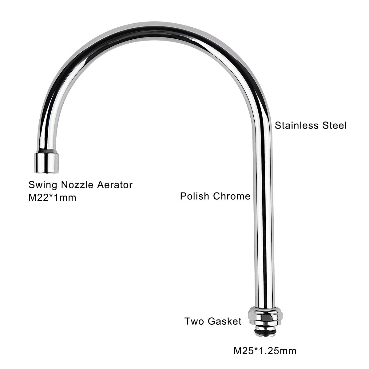 Kwode Gooseneck Swivel Spout 8 Inch Replacement Kit With Swing Nozzle For Commercial Kitchen Sink Faucet 360 Degree Stainless Steel Add-On Spout, Chrome Finish(With M251.25 Connector)