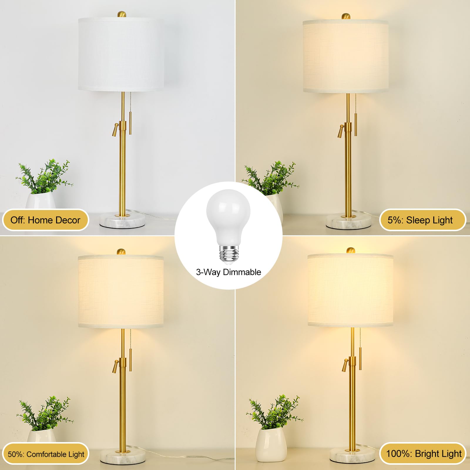 Qingmiao Lamp Modern Set Of 2: 22" To 30" Height Adjustable Pull Chain Switch For Living Room Bedroom End Table, Marble Base White Linen Shade Golden Pole Nightstand Lamp Brass For Office, Bedside Table